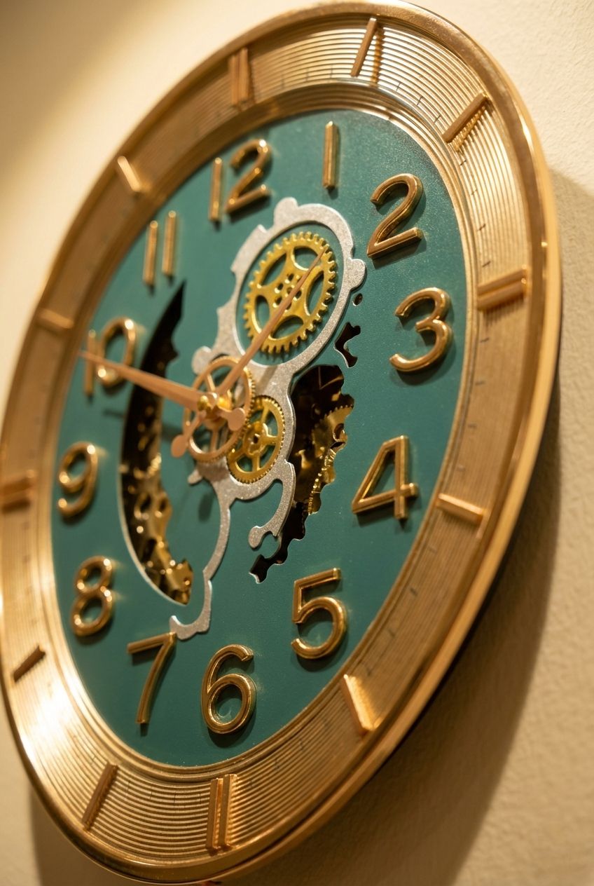 Wall clock with gold frame and visible gears on a teal background