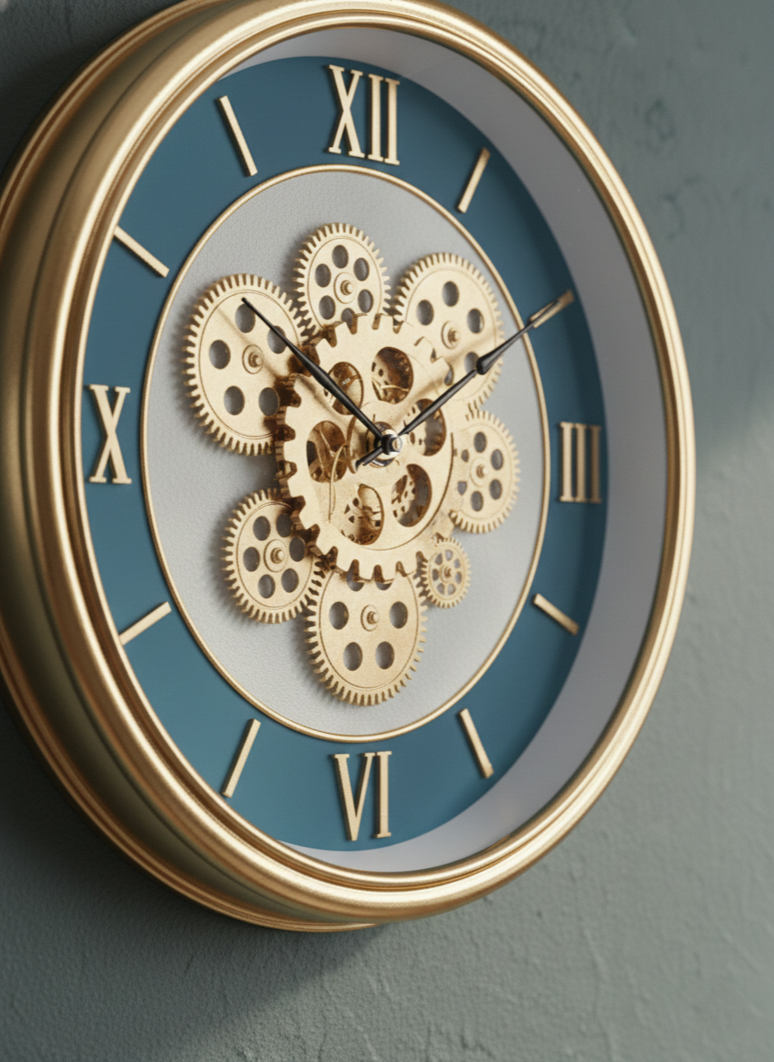 Wall clock with mechanical gear design on a blue face and gold frame.