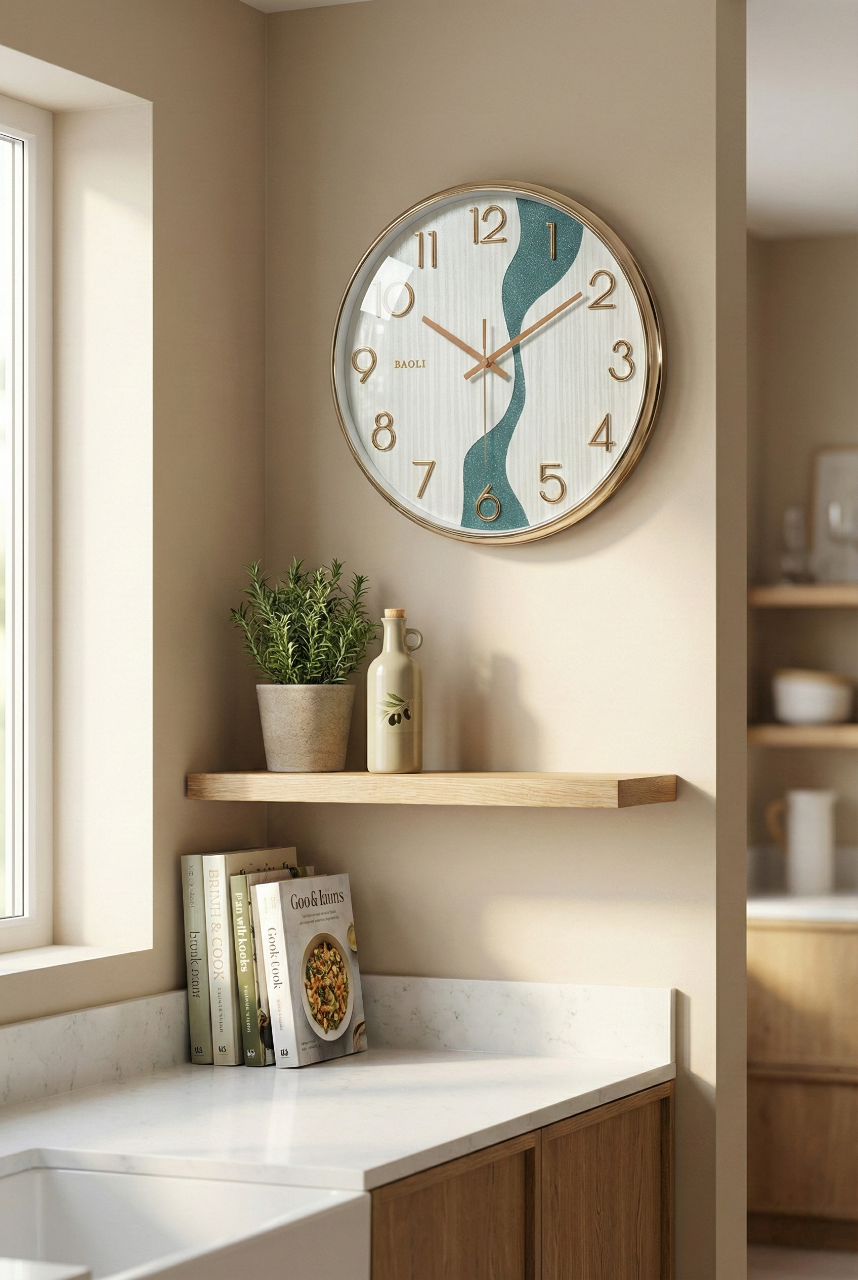 Wall clock with wavy design on a wall above a kitchen counter.