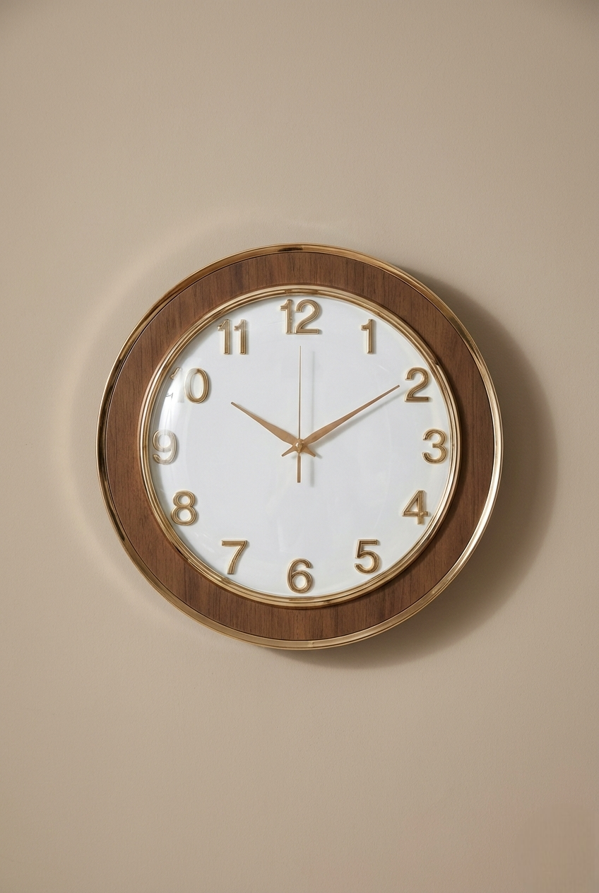 Wall clock with wooden frame on a beige wall