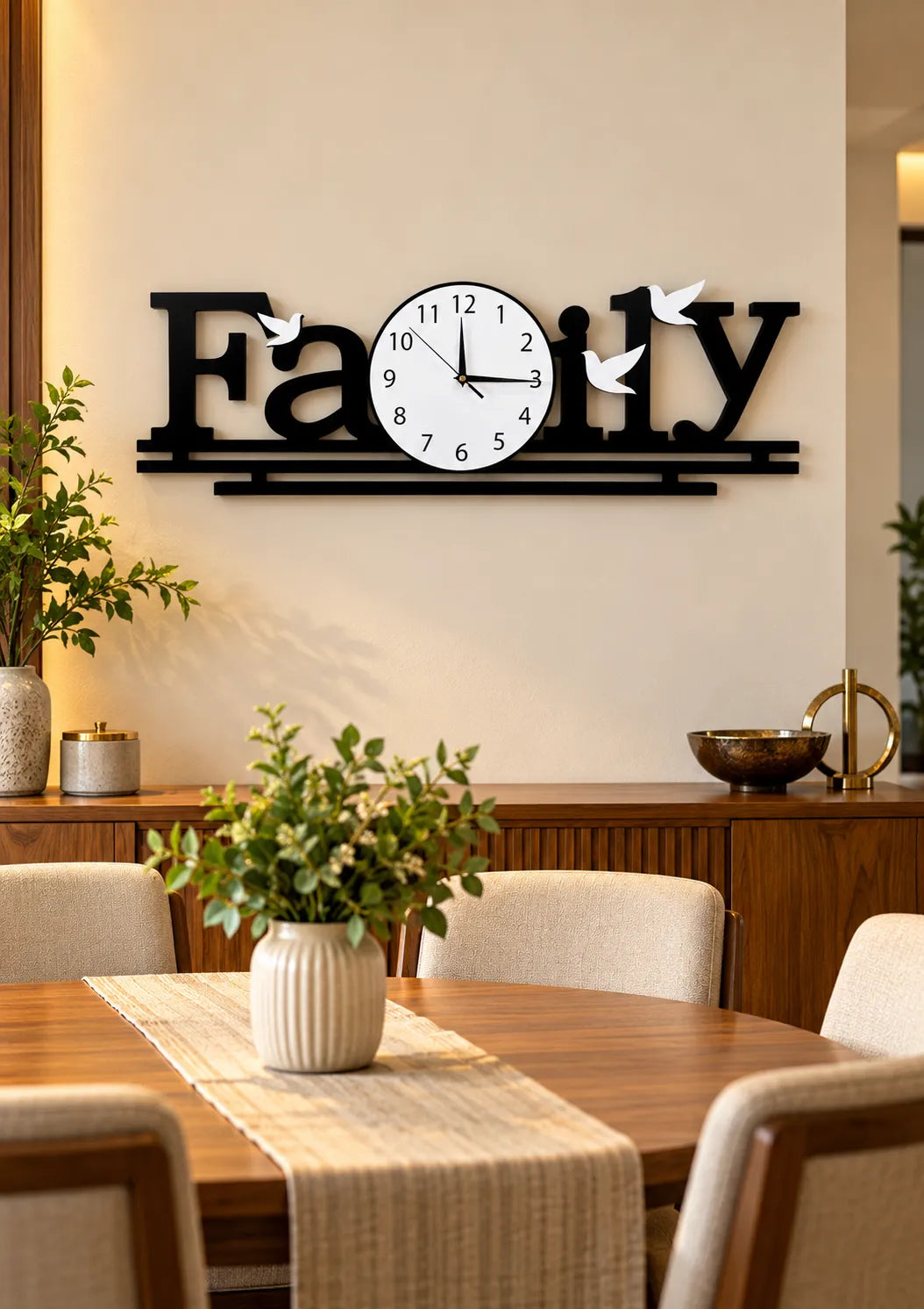 Family Wall Clock with White Birds – Black Decorative Wooden Wall Clock