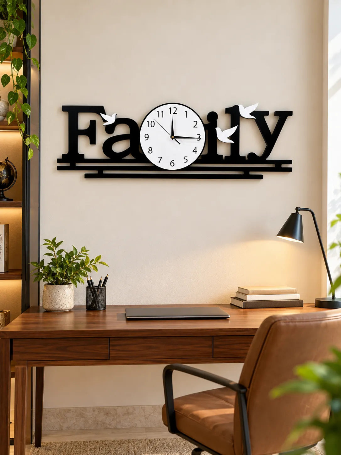 Family Wall Clock with White Birds – Black Decorative Wooden Wall Clock