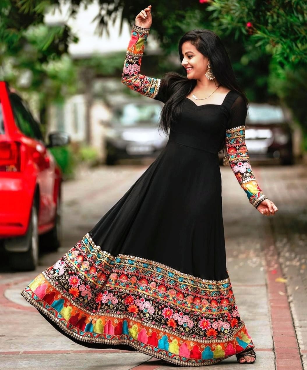 Designer Black Partywear Embroidered Fully Stitched Georgette Floor Touch Gown -FunkyTradition