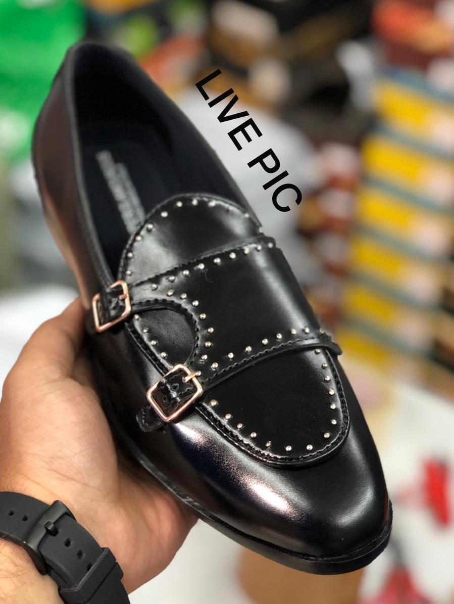 Stylish Stud Monk Men Suede Shoes For Business And Partywear Leather Slip On Loafer Black-FunkyTradition