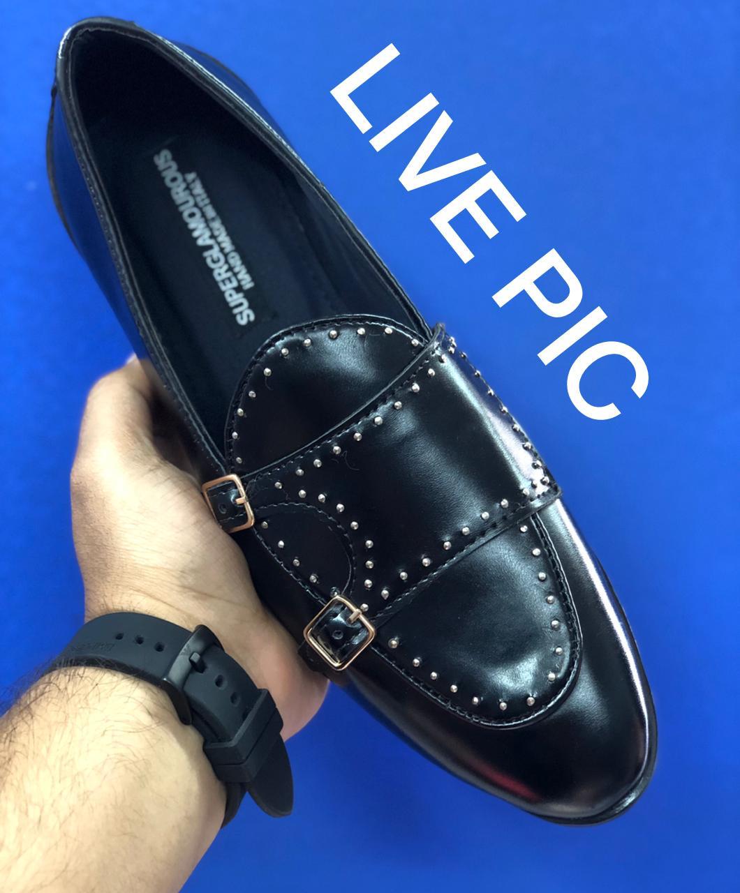 Stylish Stud Monk Men Suede Shoes For Business And Partywear Leather Slip On Loafer Black-FunkyTradition