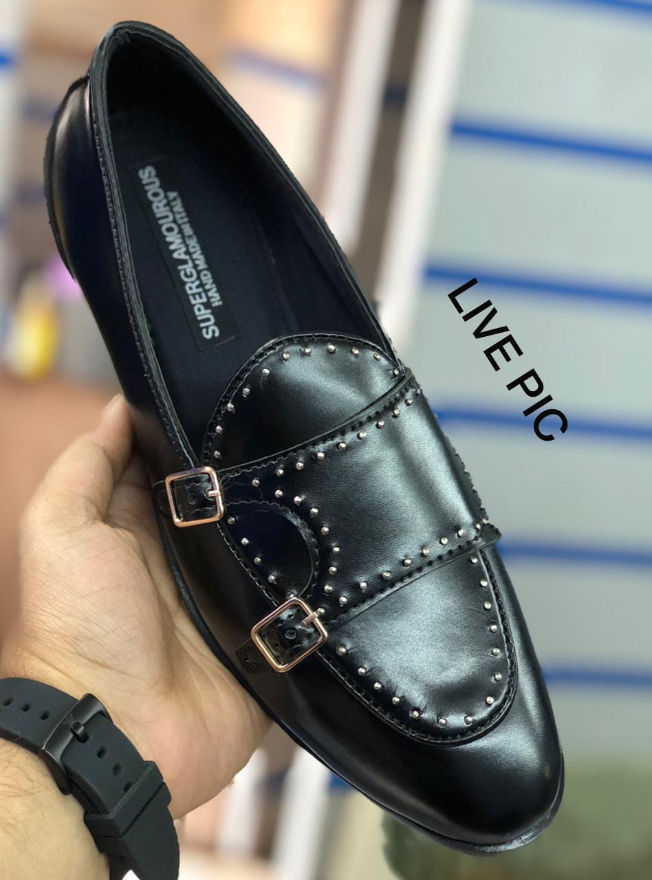 Stylish Stud Monk Men Suede Shoes For Business And Partywear Leather Slip On Loafer Black-FunkyTradition