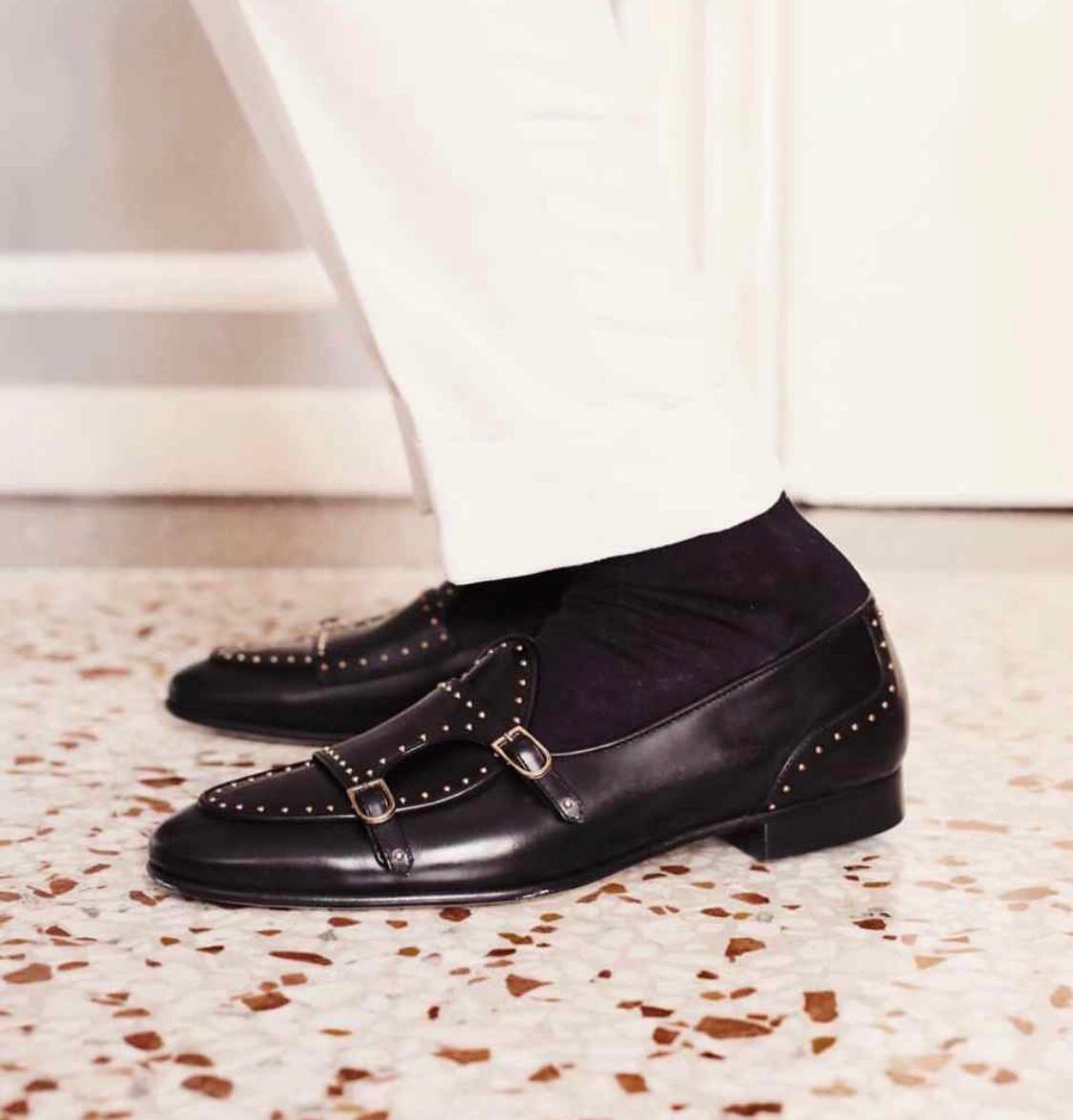 Stylish Stud Monk Men Suede Shoes For Business And Partywear Leather Slip On Loafer Black-FunkyTradition