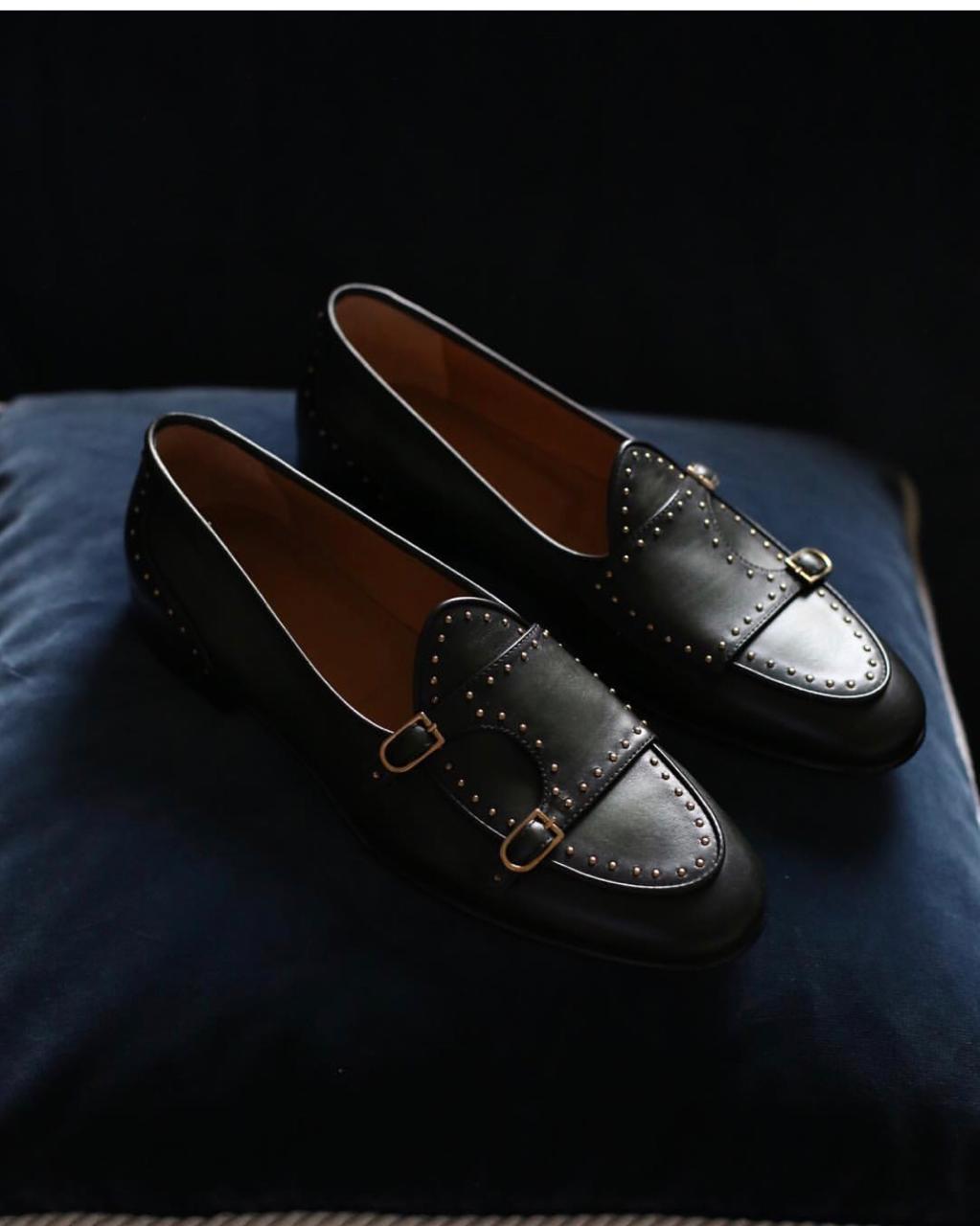 Stylish Stud Monk Men Suede Shoes For Business And Partywear Leather Slip On Loafer Black-FunkyTradition