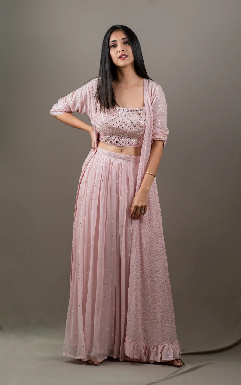 Designer Peach Party Wear Crop Top Palazzo Along With Shrugs-FunkyTradition