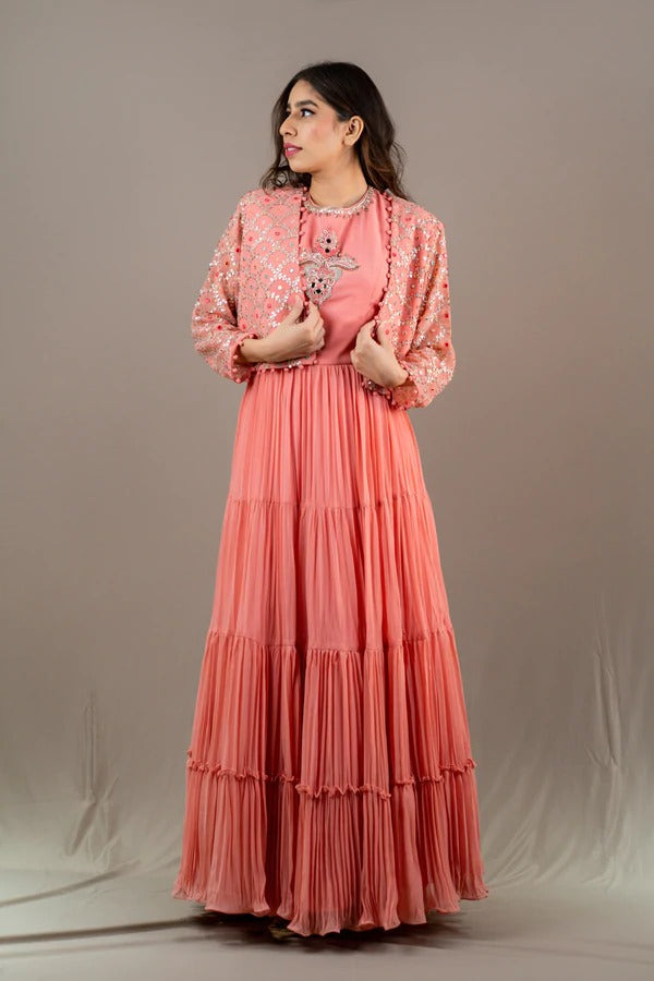 Stunning Pink Party Wear Gown with Embroidered Jacket-FunkyTradition