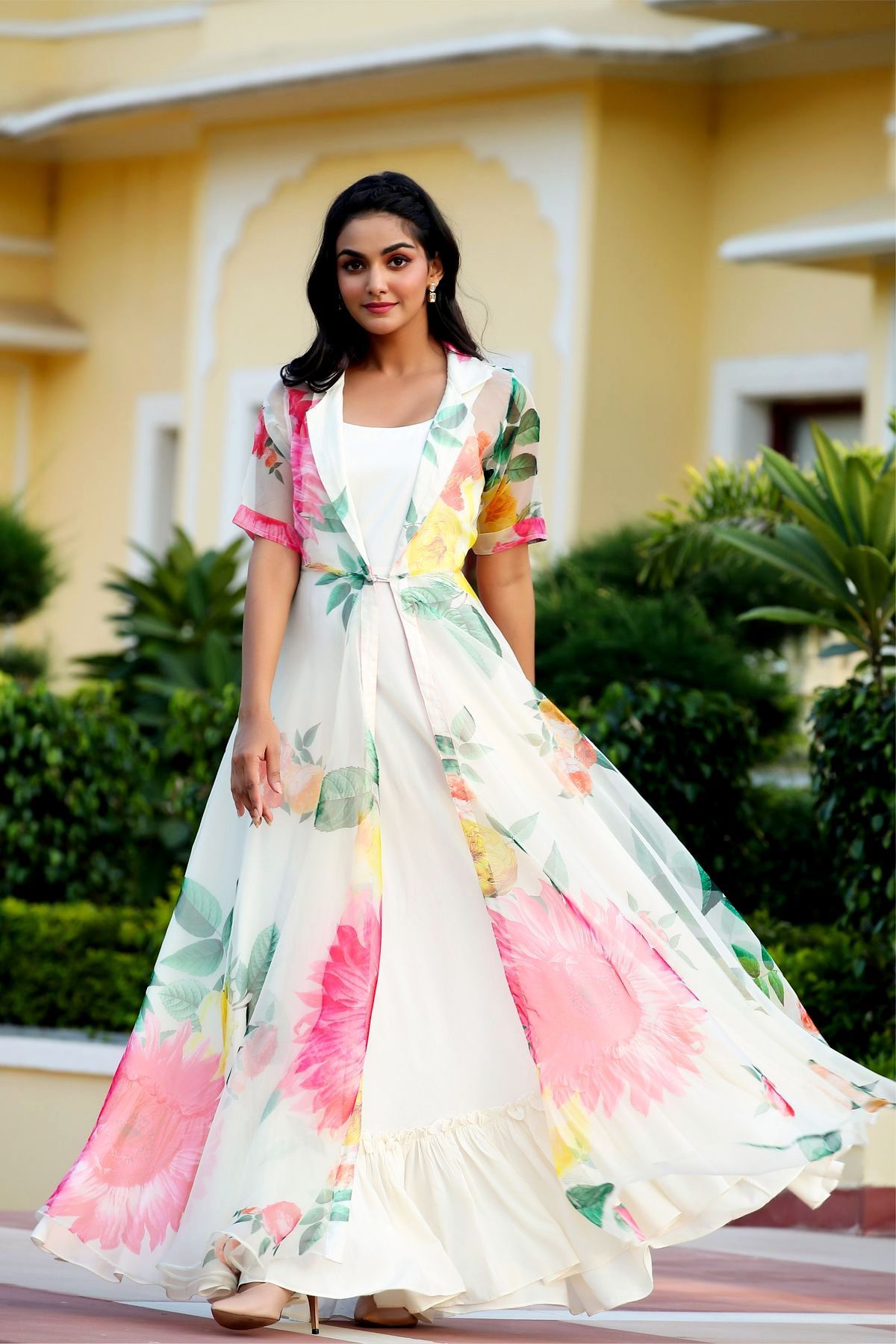 White Floral Party Wear Maxi Dress With Shrugs- Adiba Fashion