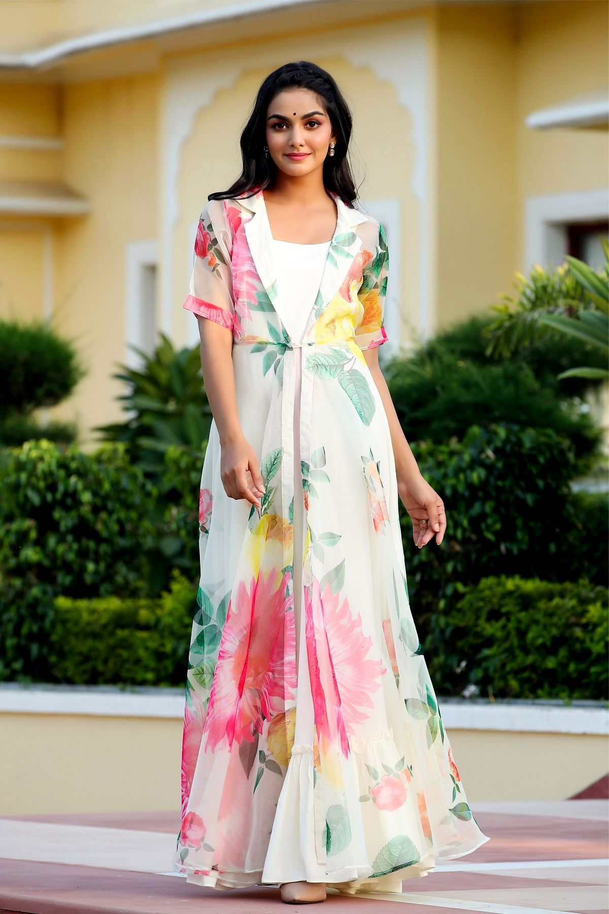 White Floral Party Wear Maxi Dress With Shrugs- Adiba Fashion