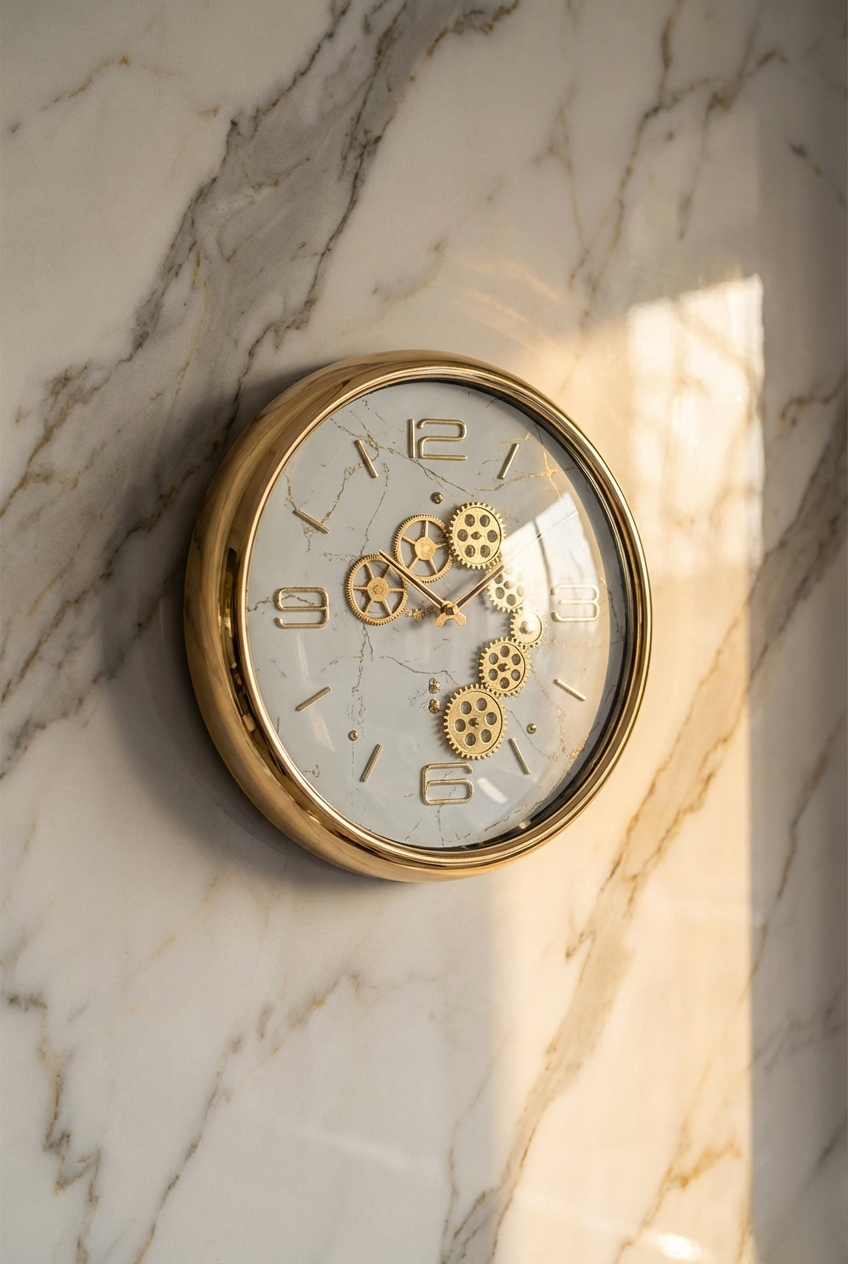 Decorative wall clock with gear design on a gray wall in a modern living room.