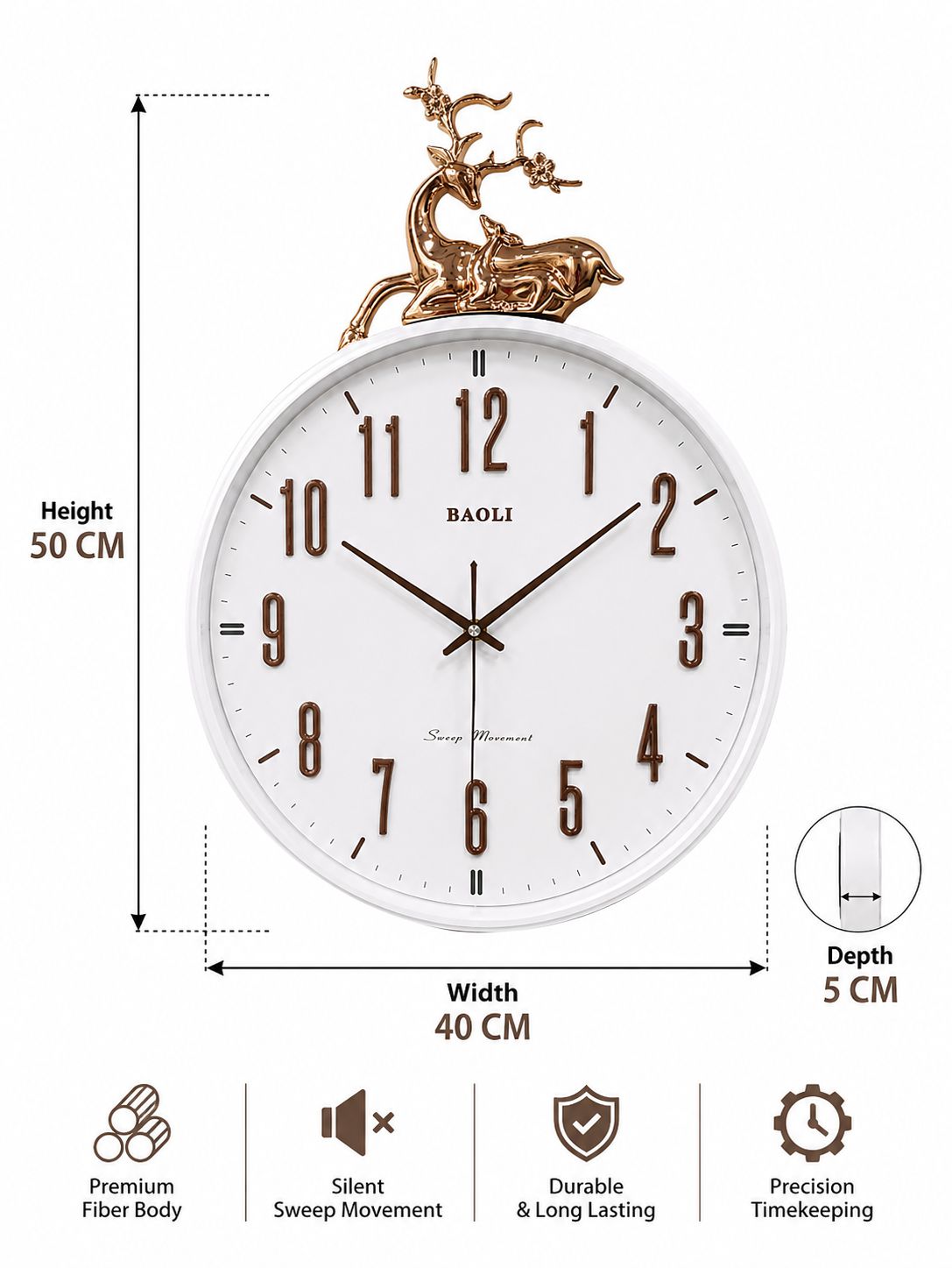 White round wall clock with a gold deer finial on top, shown with dimension annotations indicating 50 cm height, 40 cm width, and 5 cm depth, plus feature icons for fiber body, silent sweep movement, durable long-lasting design, and precision timekeeping. Brand BAOLI is visible on the dial.