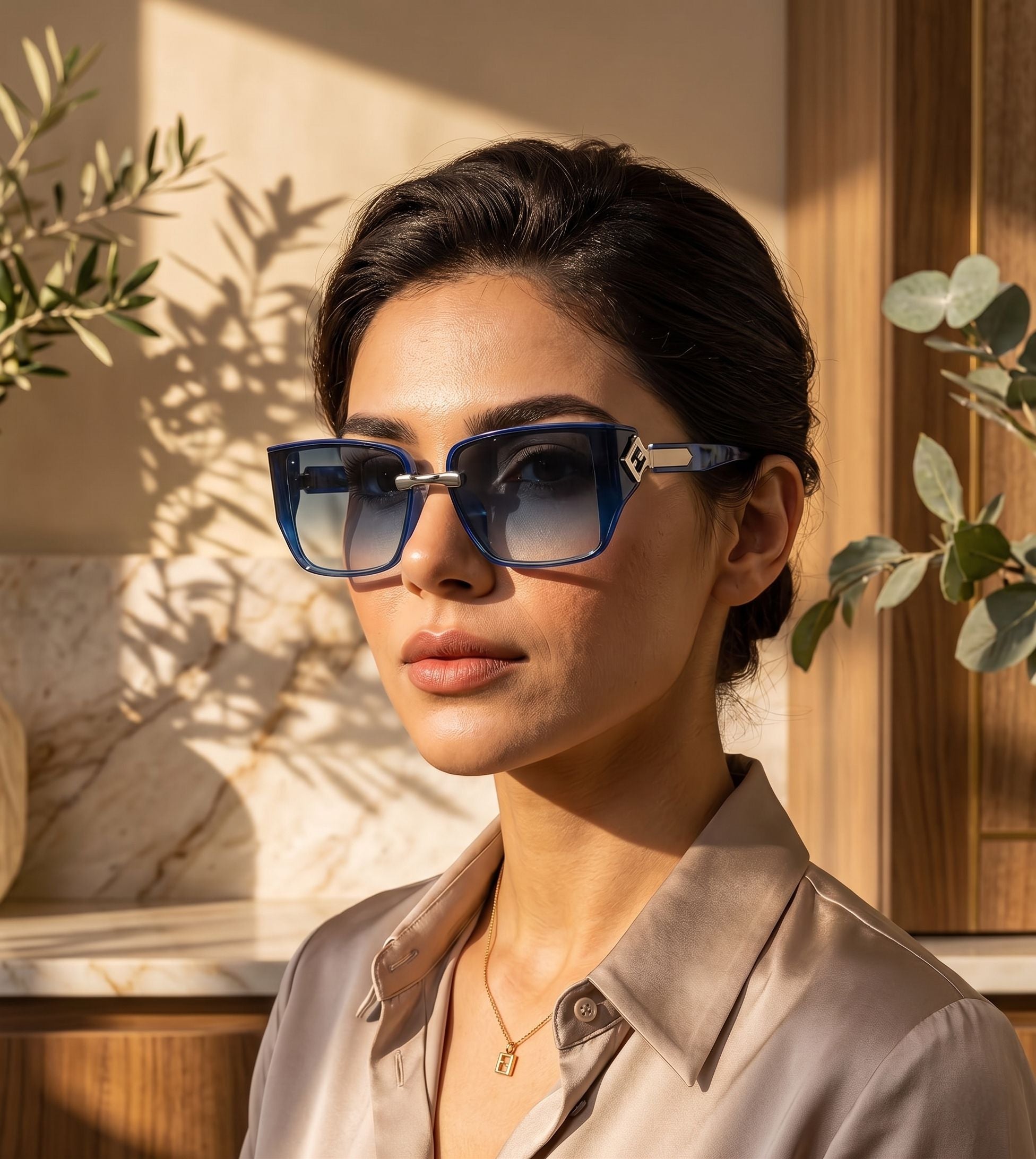 Woman wearing blue sunglasses with a neutral background