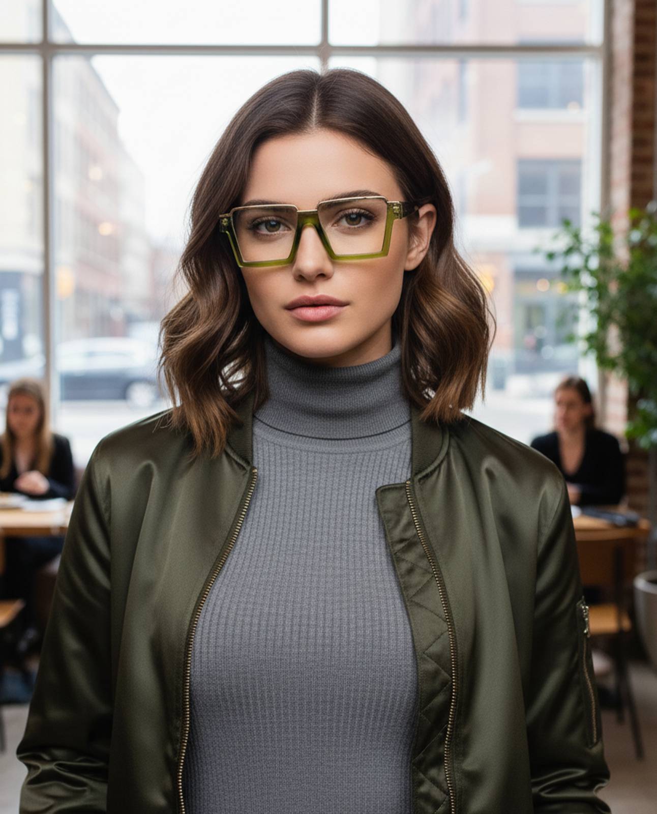 Woman wearing green Geometric sunglasses and a green jacket in an indoor setting