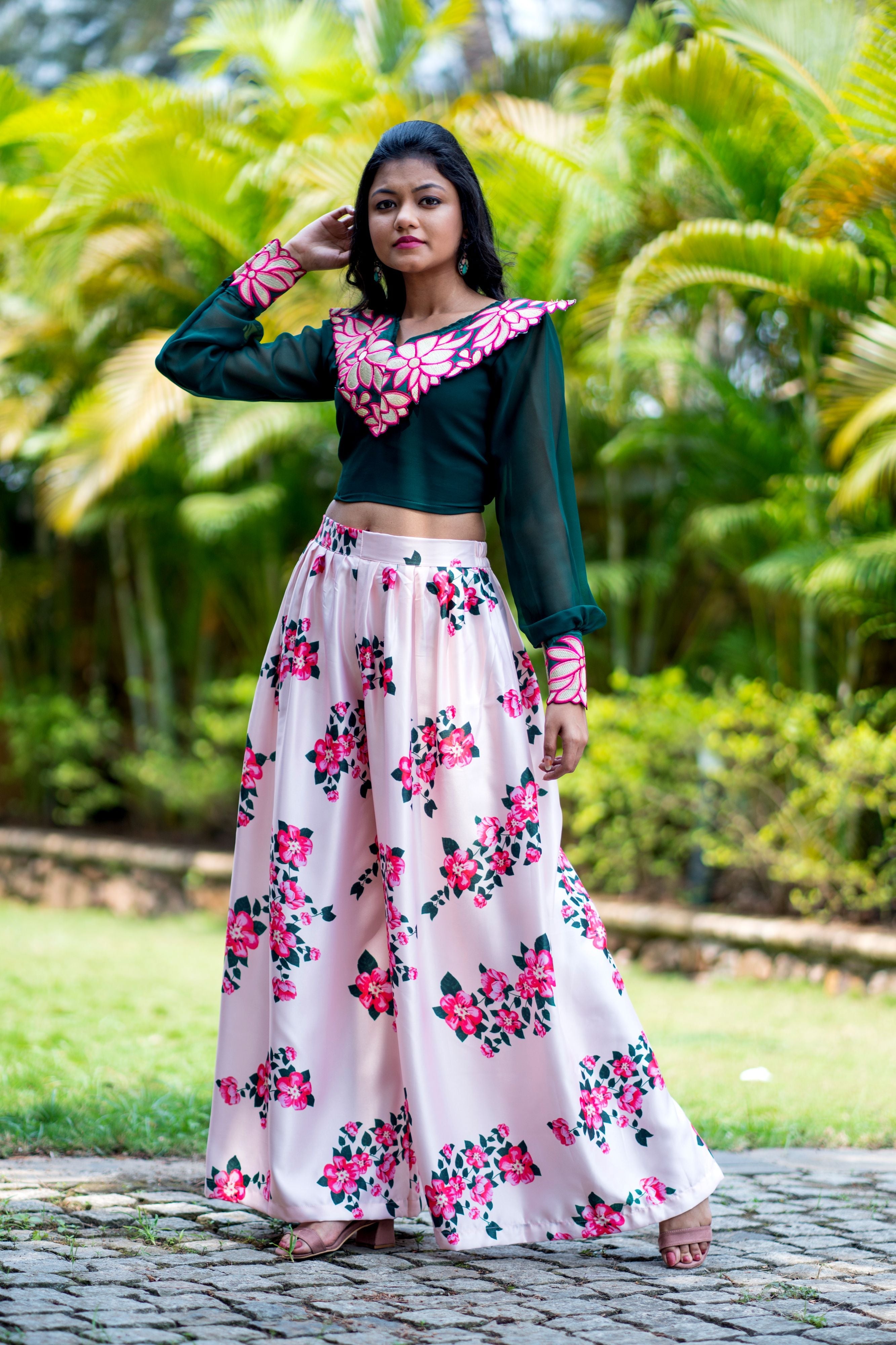 Women Embroidered Designer Top With Floral Printed Palazzo For Party and Office Wear- Adiba Fashion