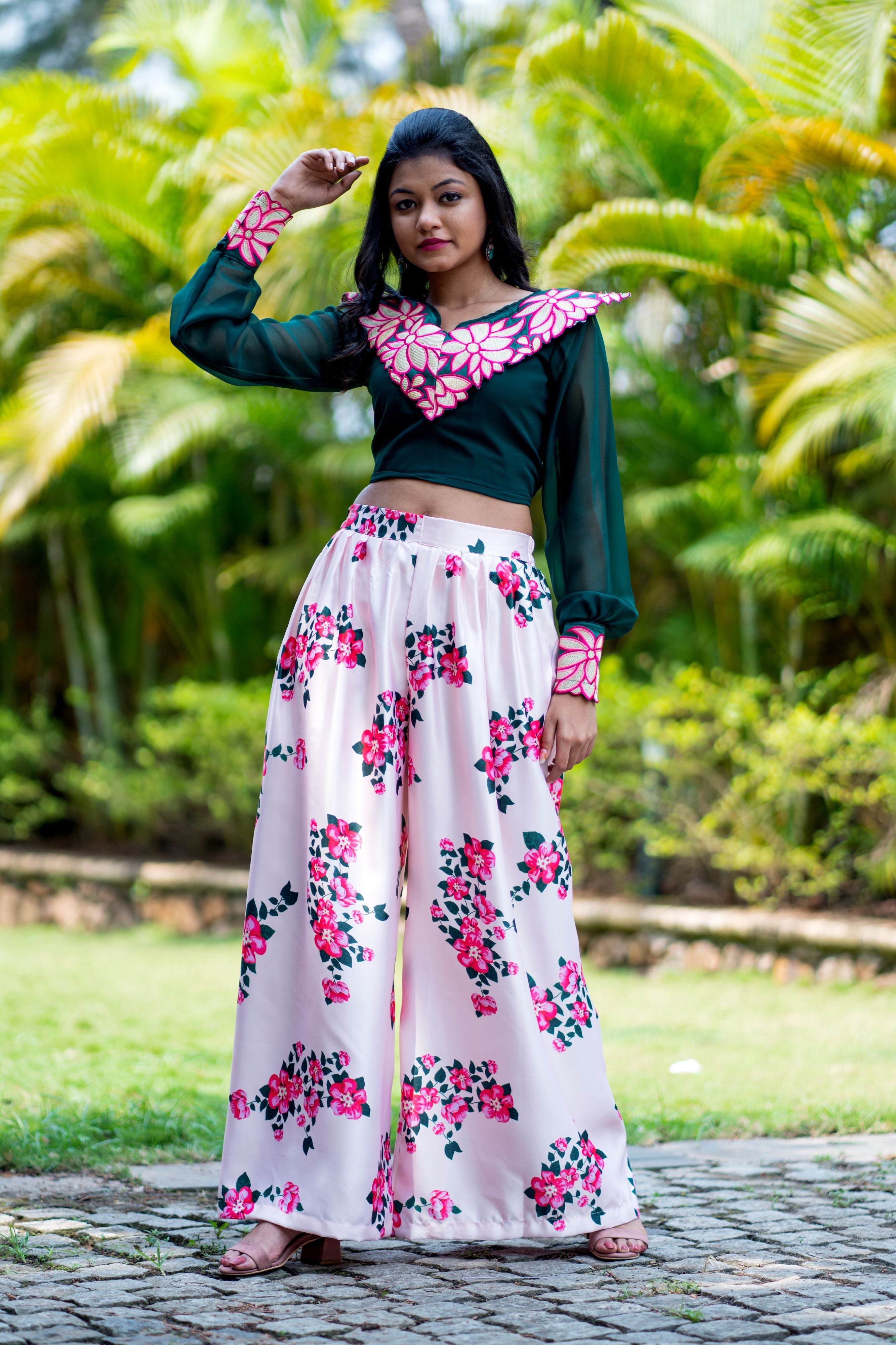 Women Embroidered Designer Top With Floral Printed Palazzo For Party and Office Wear- Adiba Fashion