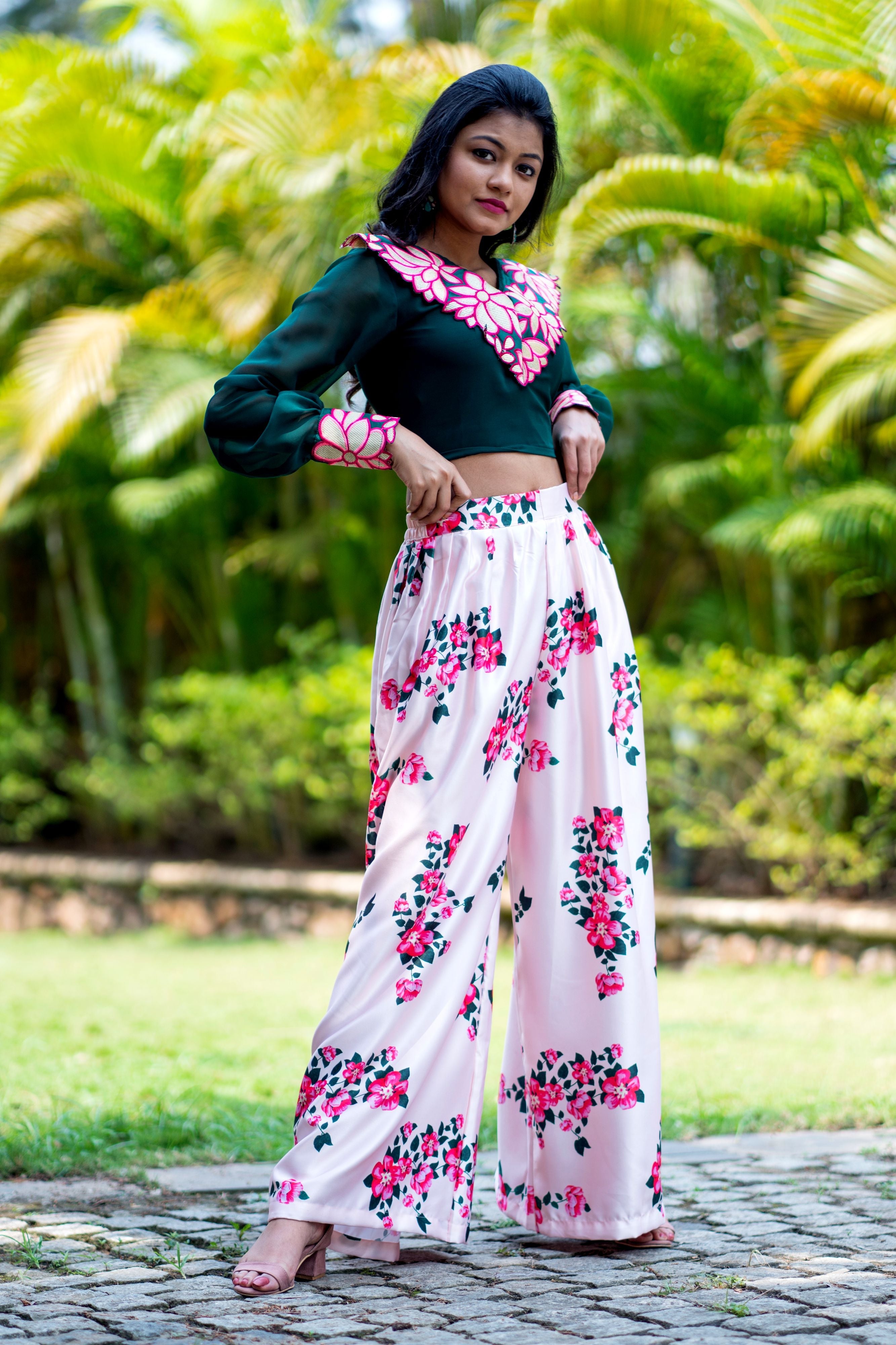 Women Embroidered Designer Top With Floral Printed Palazzo For Party and Office Wear- Adiba Fashion