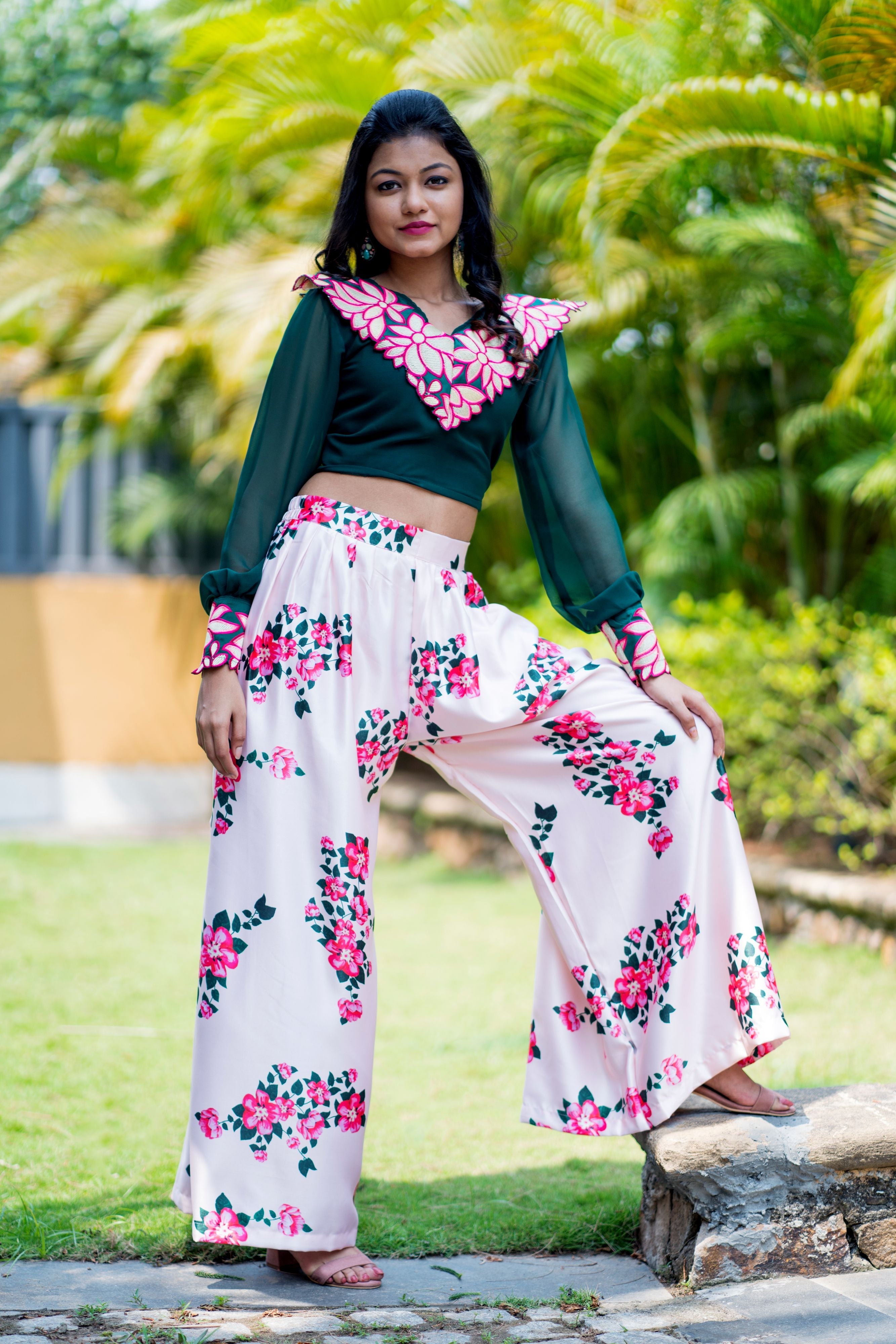 Women Embroidered Designer Top With Floral Printed Palazzo For Party and Office Wear- Adiba Fashion