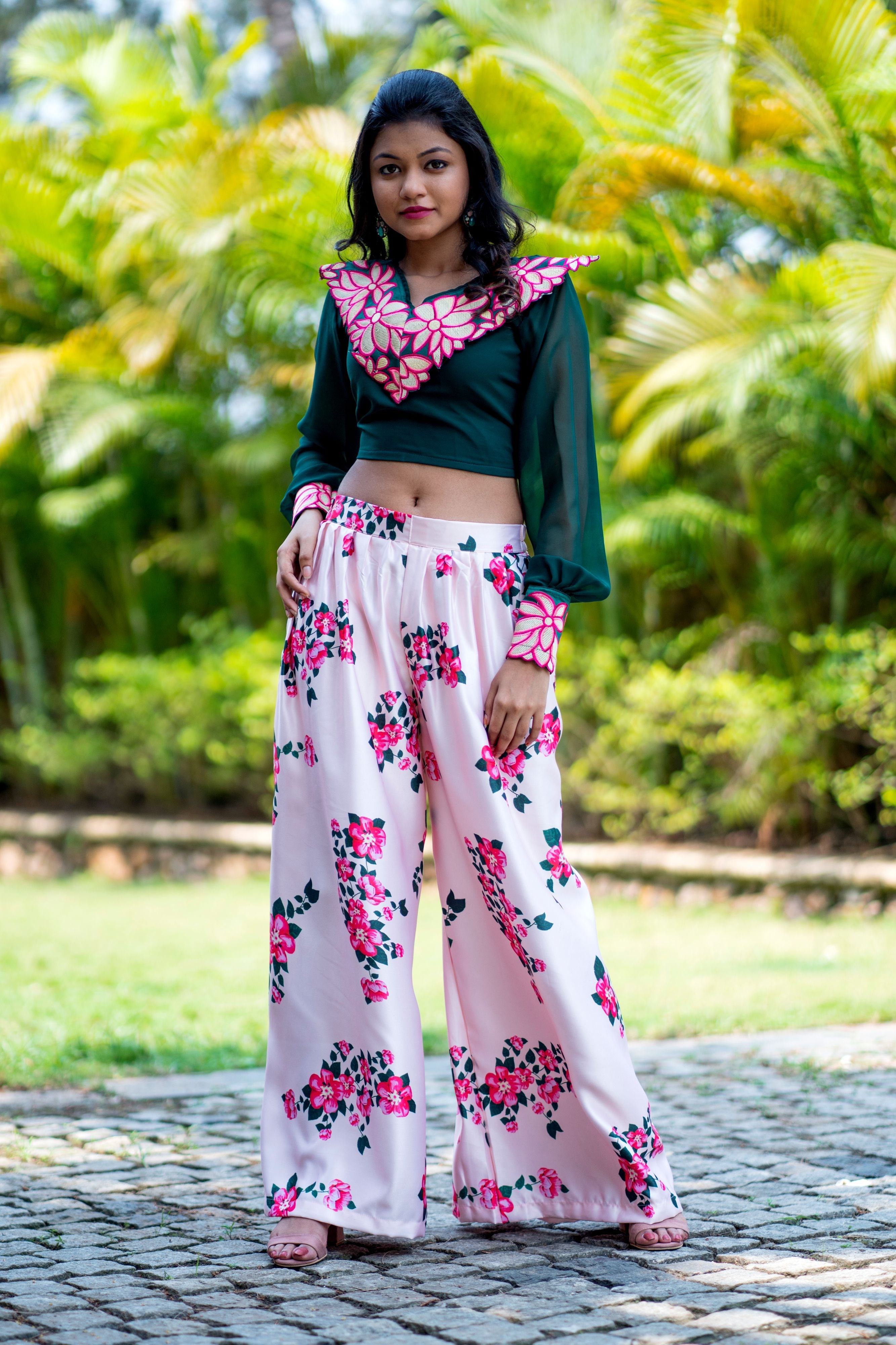 Women Embroidered Designer Top With Floral Printed Palazzo For Party and Office Wear- Adiba Fashion