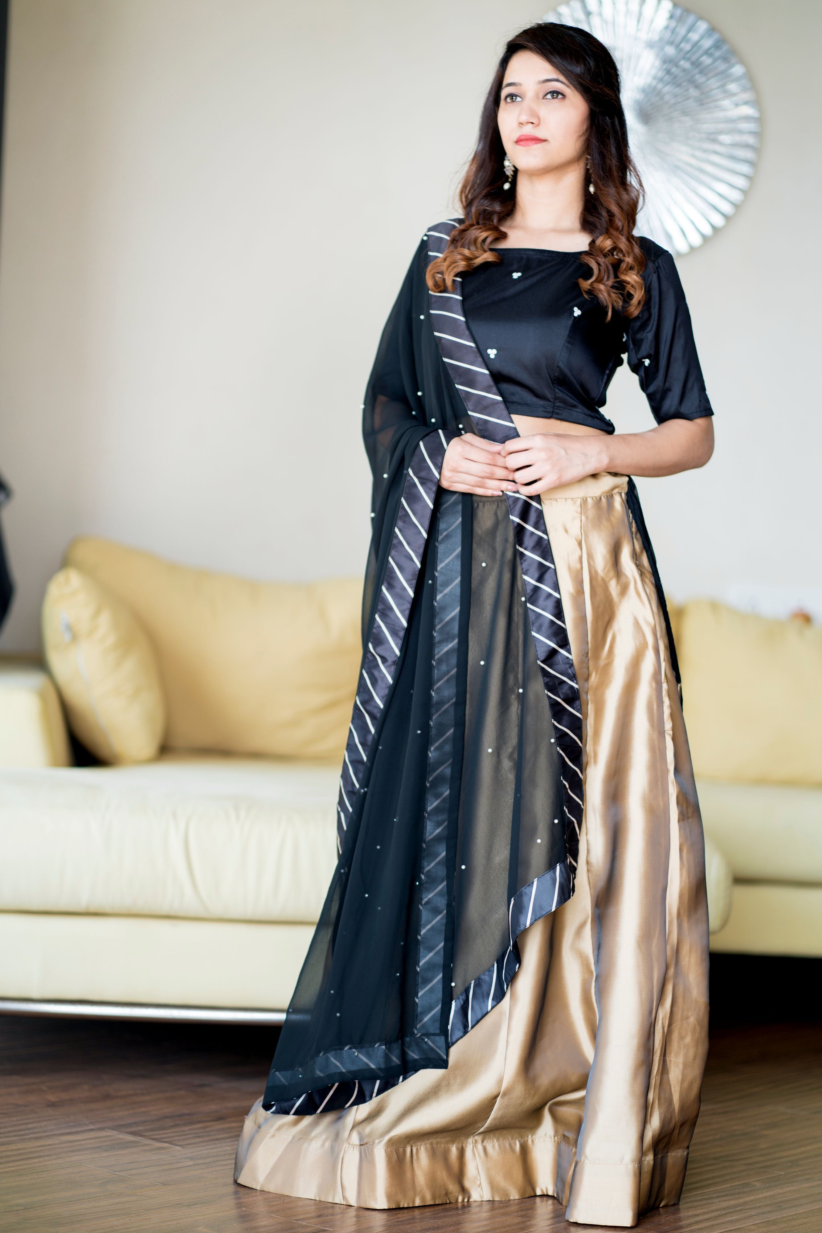 Women Gold Black Lehenga Choli With Moti Work Dupatta- Adiba Fashion