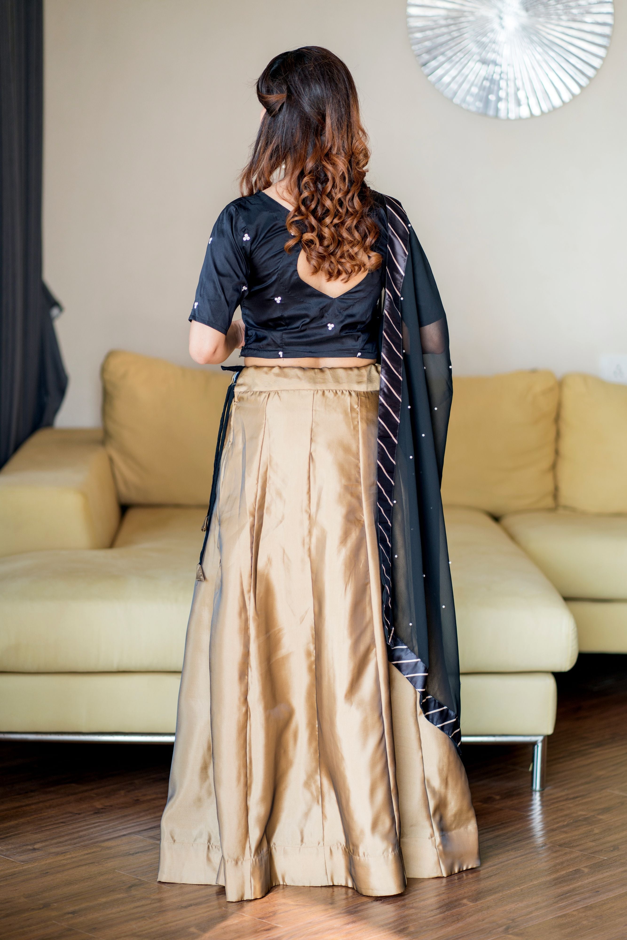 Women Gold Black Lehenga Choli With Moti Work Dupatta- Adiba Fashion