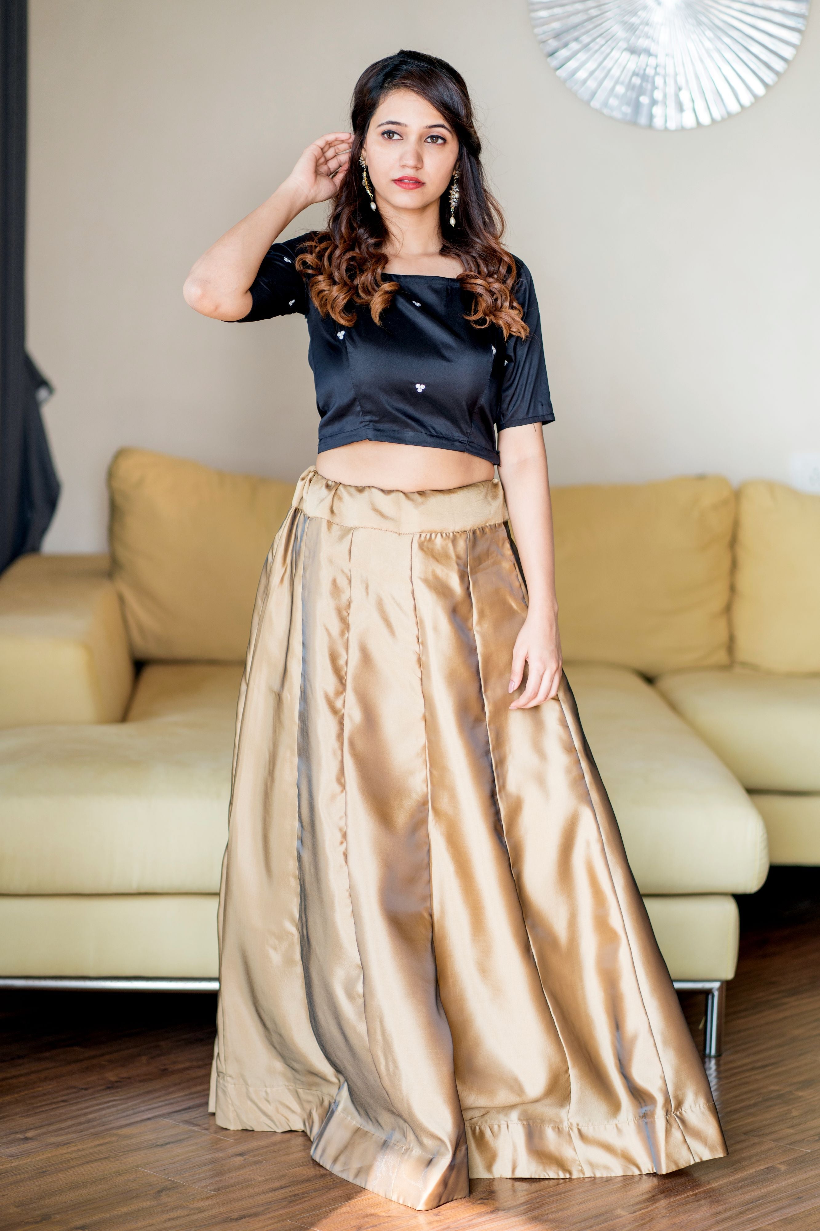 Women Gold Black Lehenga Choli With Moti Work Dupatta- Adiba Fashion