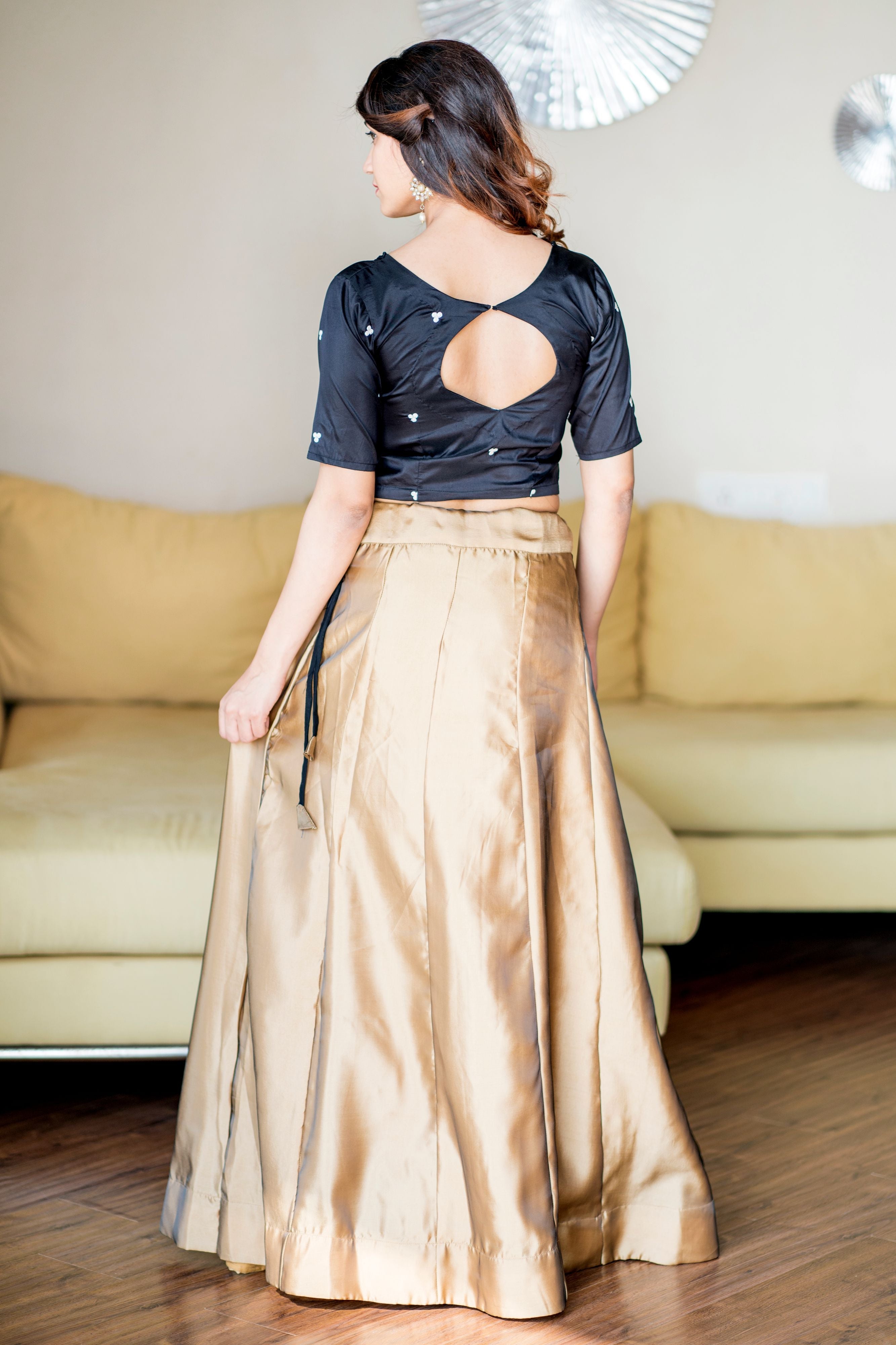 Women Gold Black Lehenga Choli With Moti Work Dupatta- Adiba Fashion