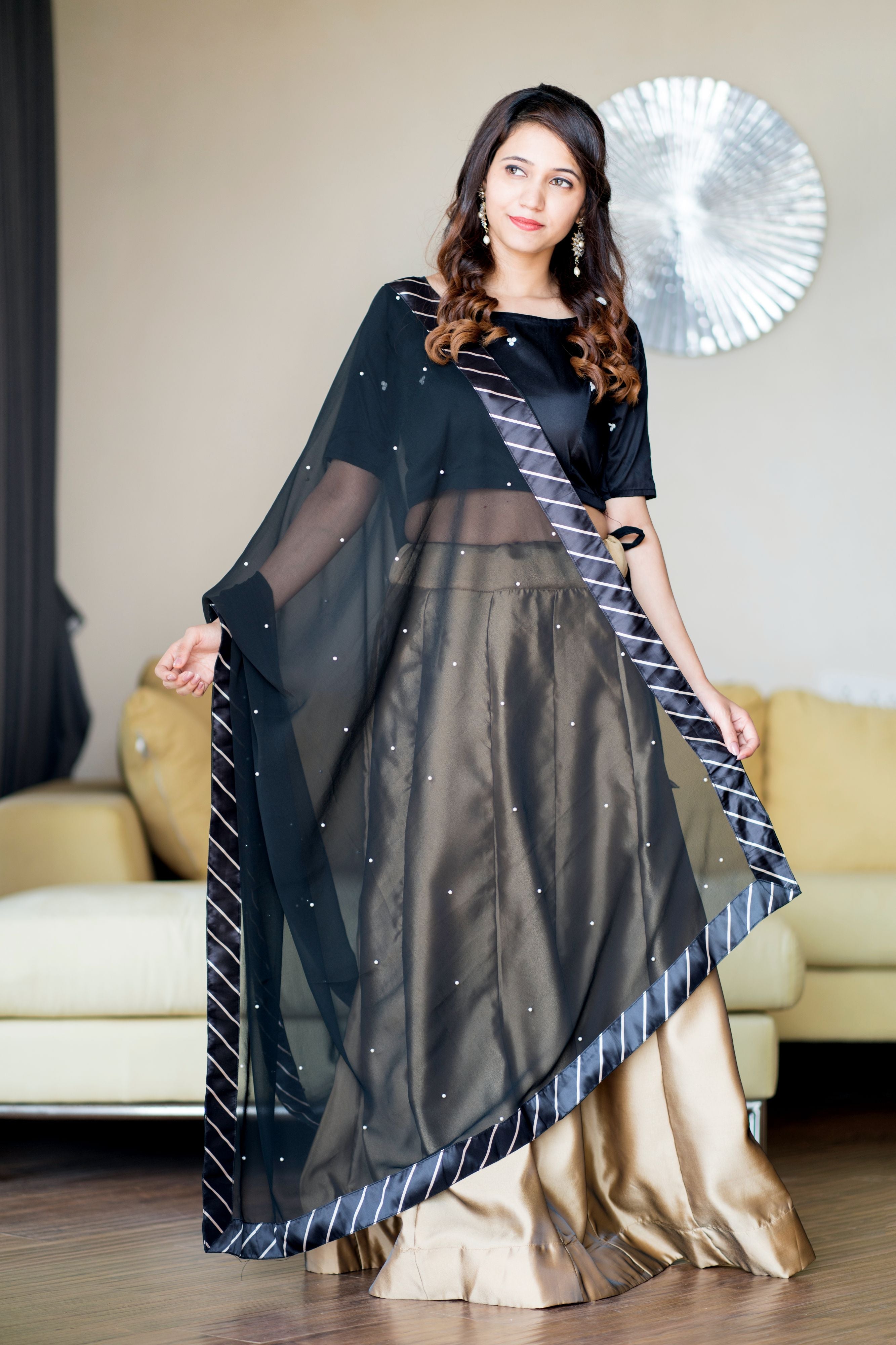 Women Gold Black Lehenga Choli With Moti Work Dupatta- Adiba Fashion