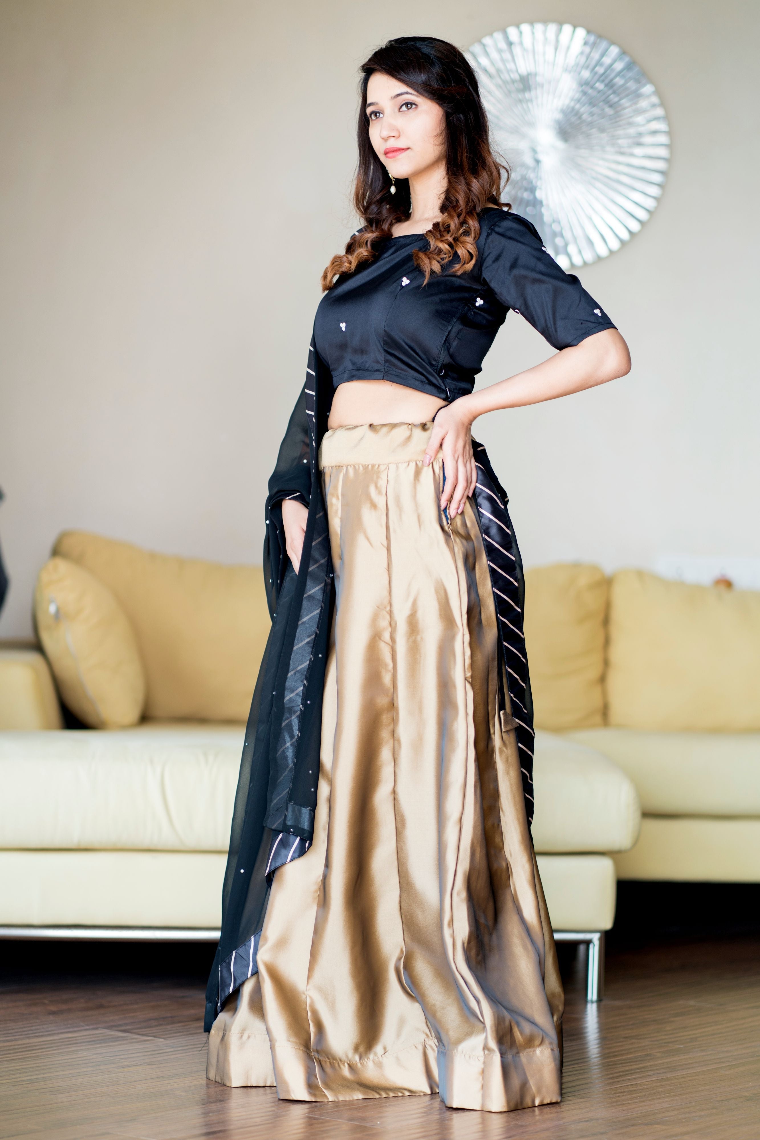 Women Gold Black Lehenga Choli With Moti Work Dupatta- Adiba Fashion