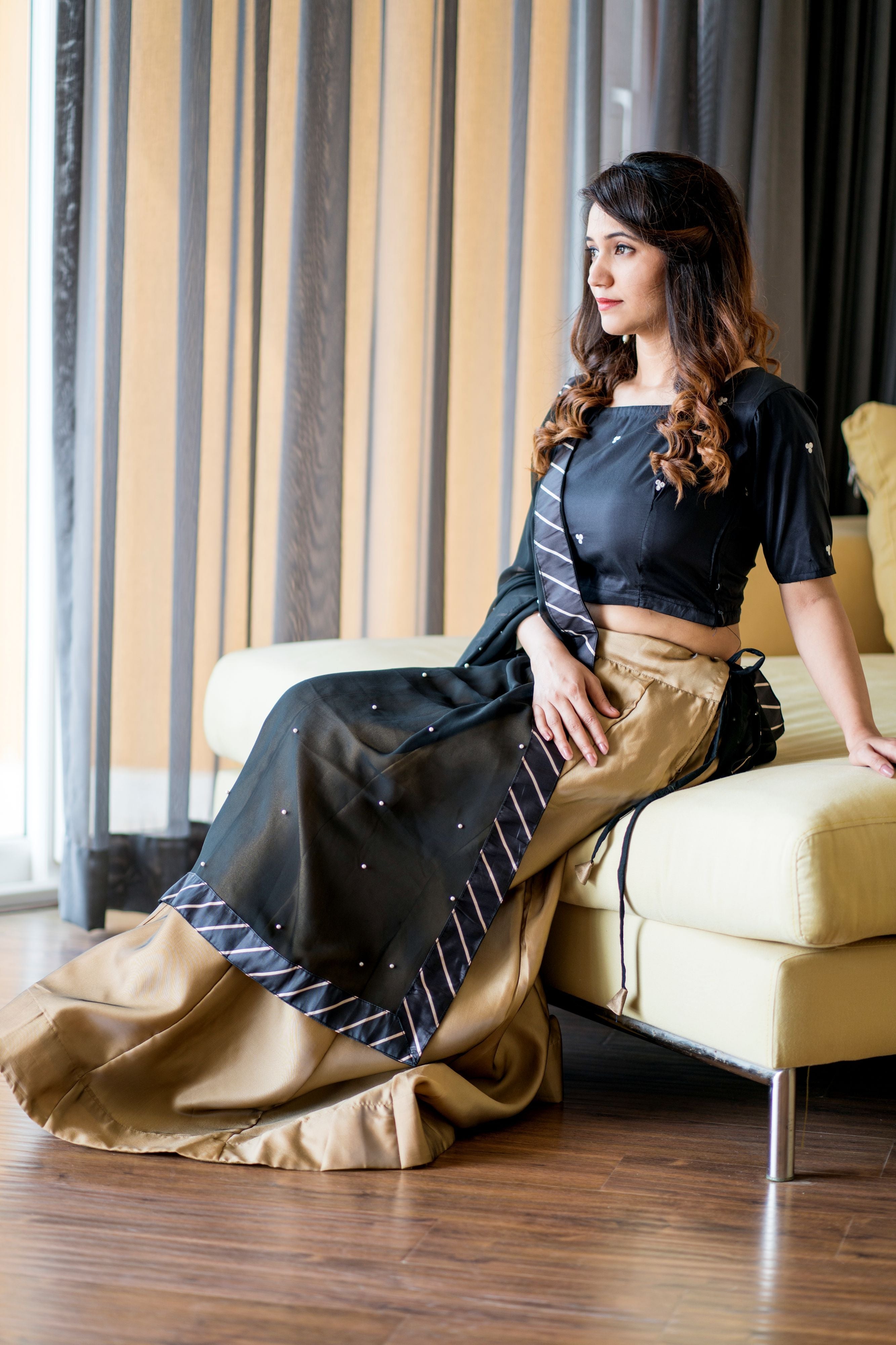 Women Gold Black Lehenga Choli With Moti Work Dupatta- Adiba Fashion