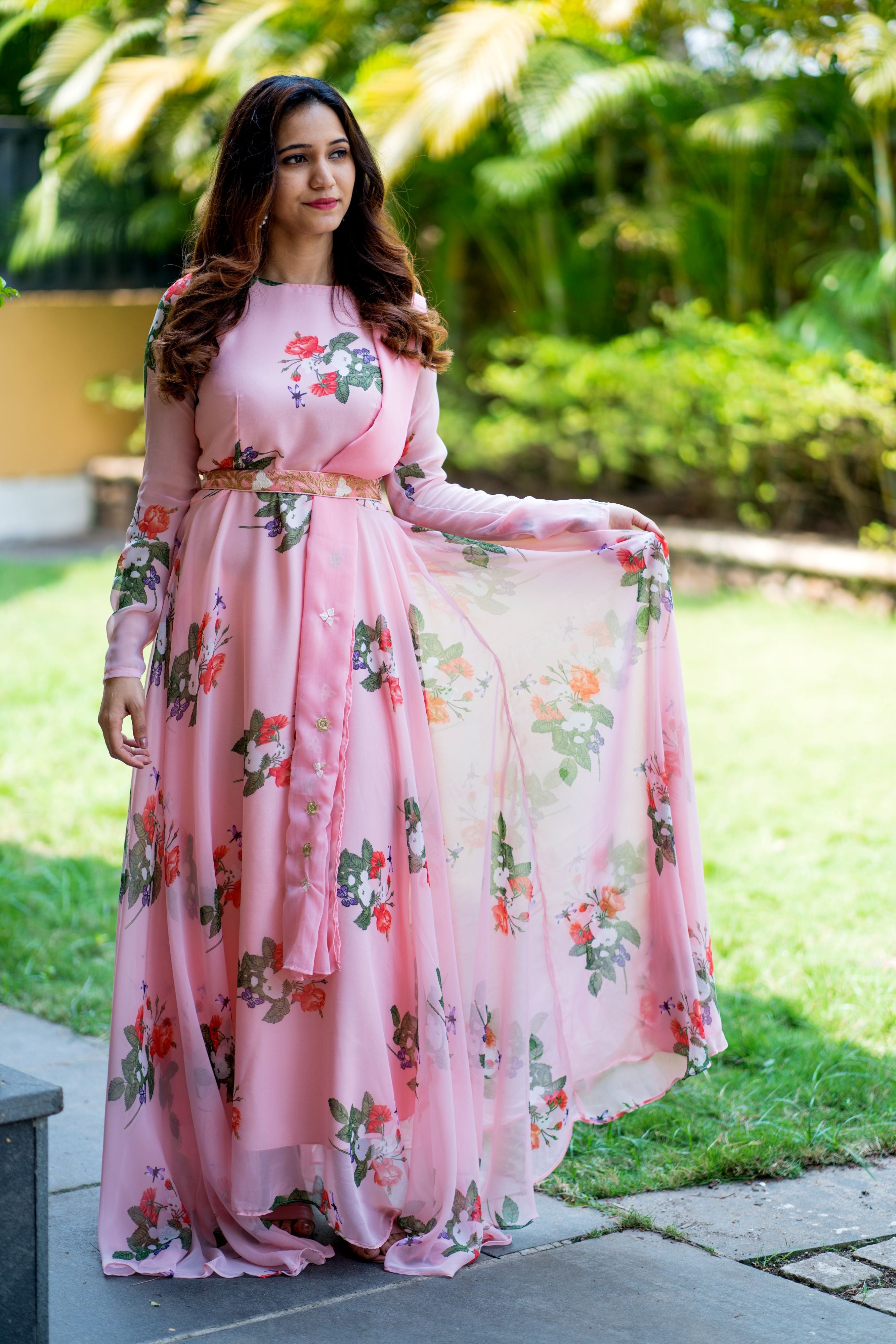 Women Peach Floral Printed Maxi Dress With Dupatta - Adiba Fashion