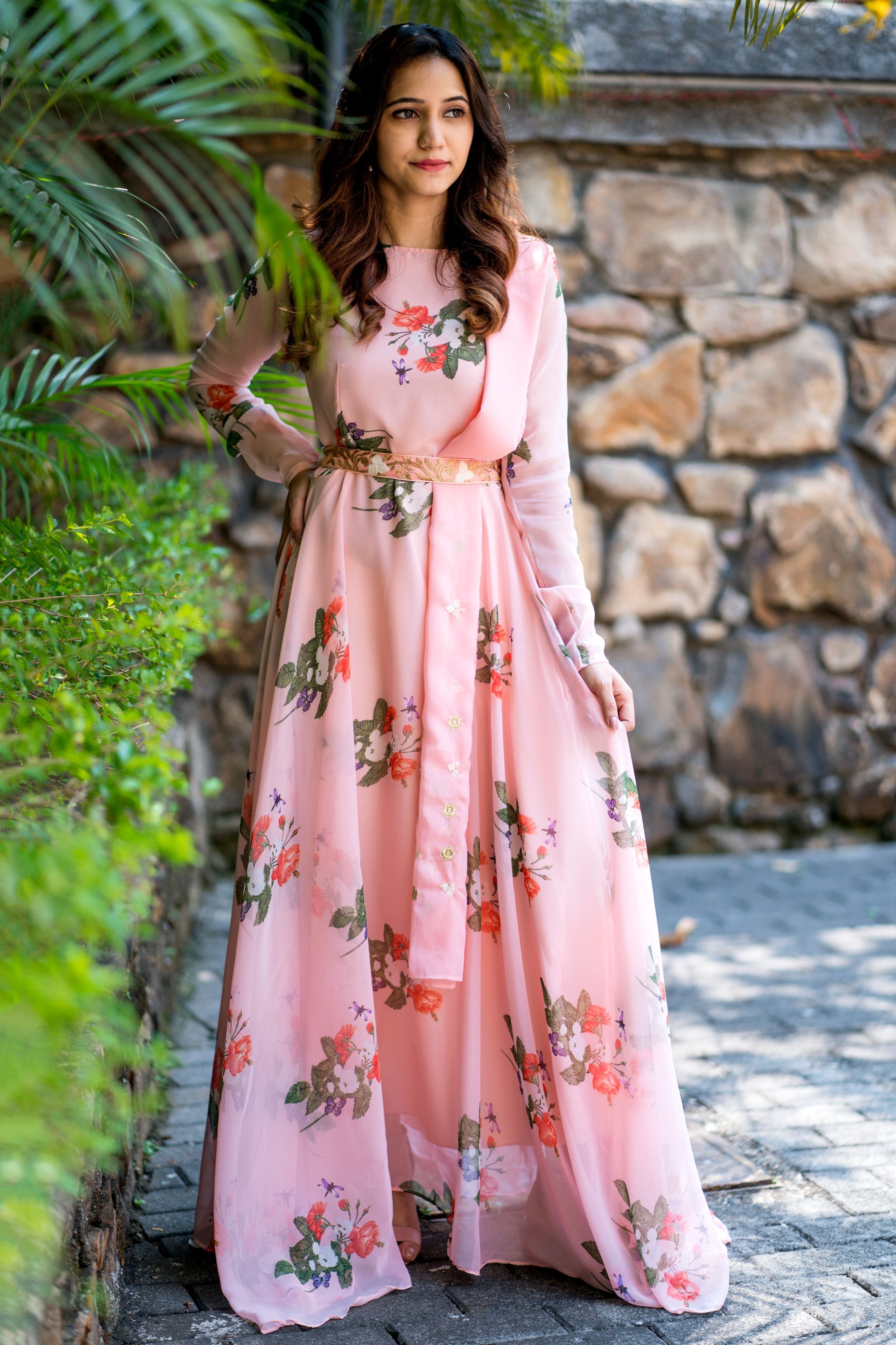 Women Peach Floral Printed Maxi Dress With Dupatta - Adiba Fashion