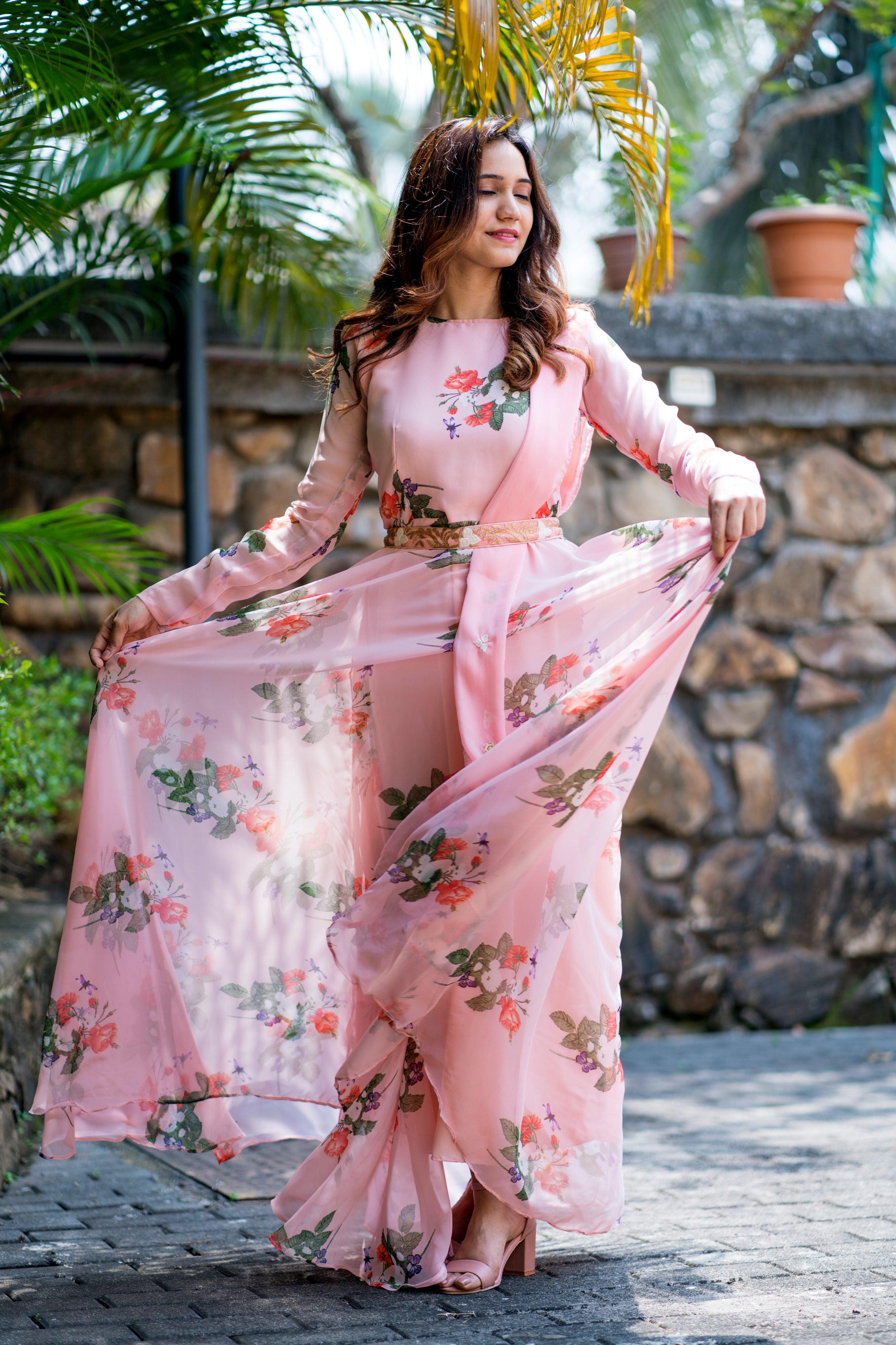 Women Peach Floral Printed Maxi Dress With Dupatta - Adiba Fashion