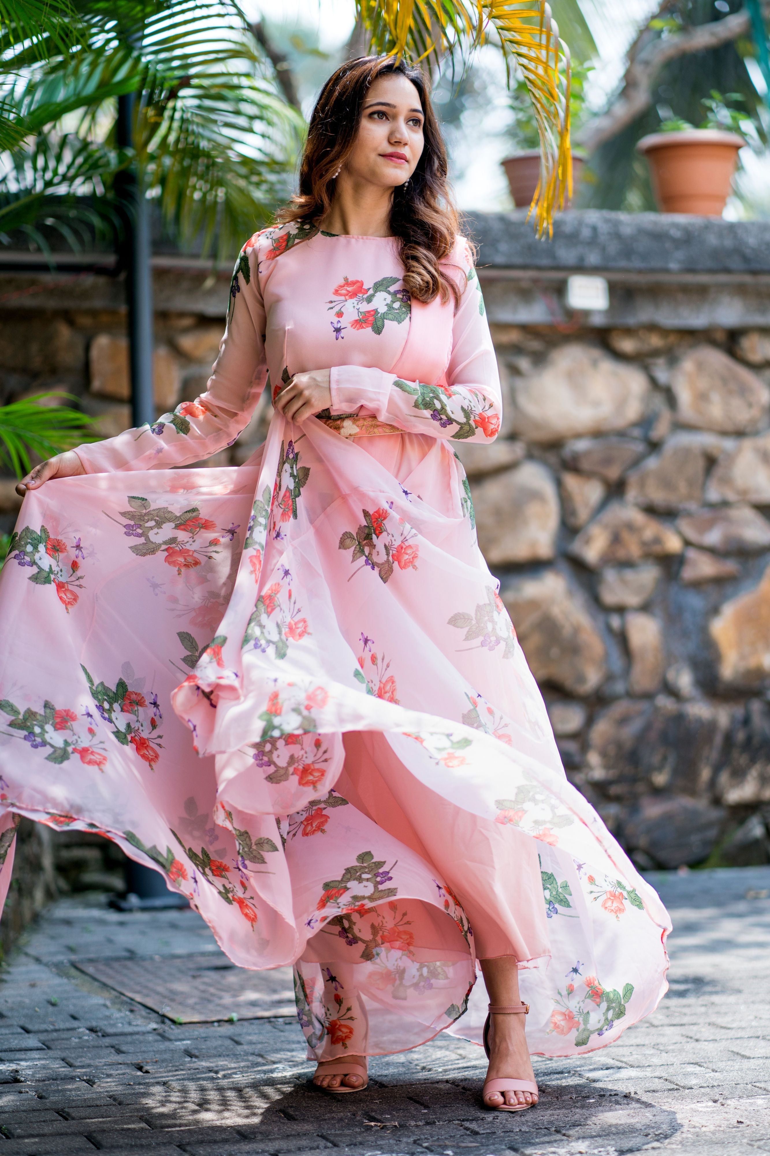 Women Peach Floral Printed Maxi Dress With Dupatta - Adiba Fashion