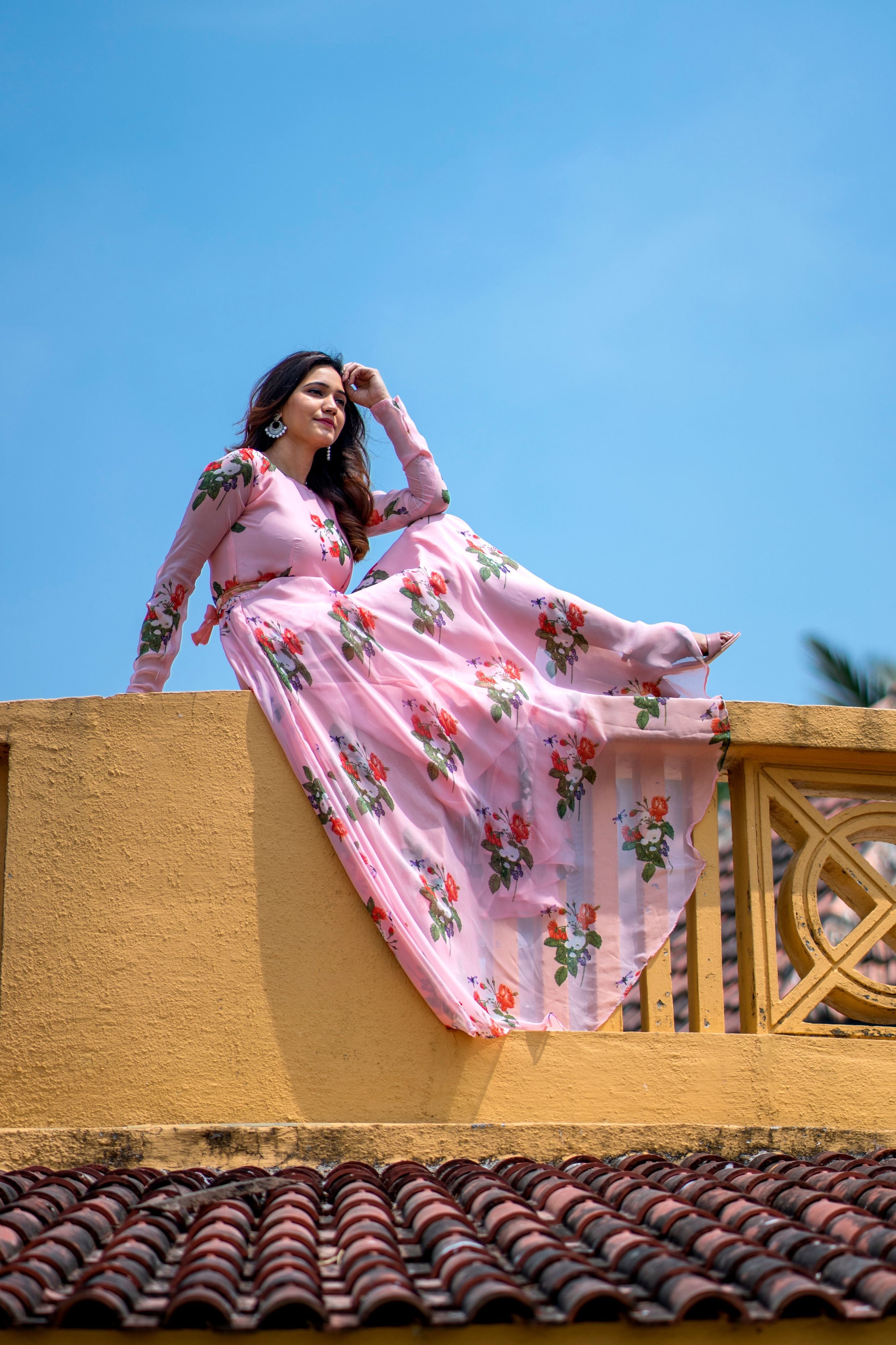 Women Peach Floral Printed Maxi Dress With Dupatta - Adiba Fashion