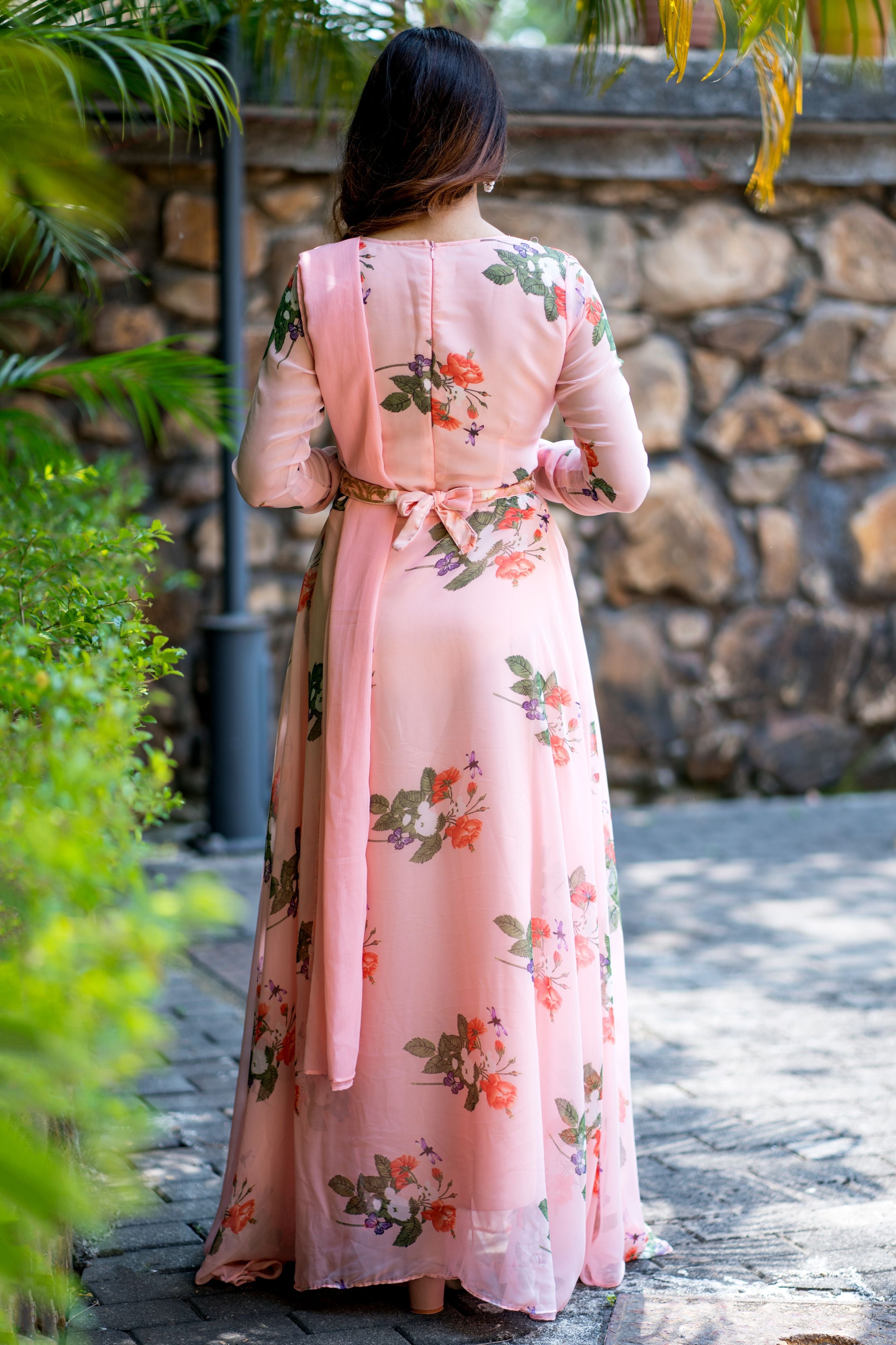 Women Peach Floral Printed Maxi Dress With Dupatta - Adiba Fashion