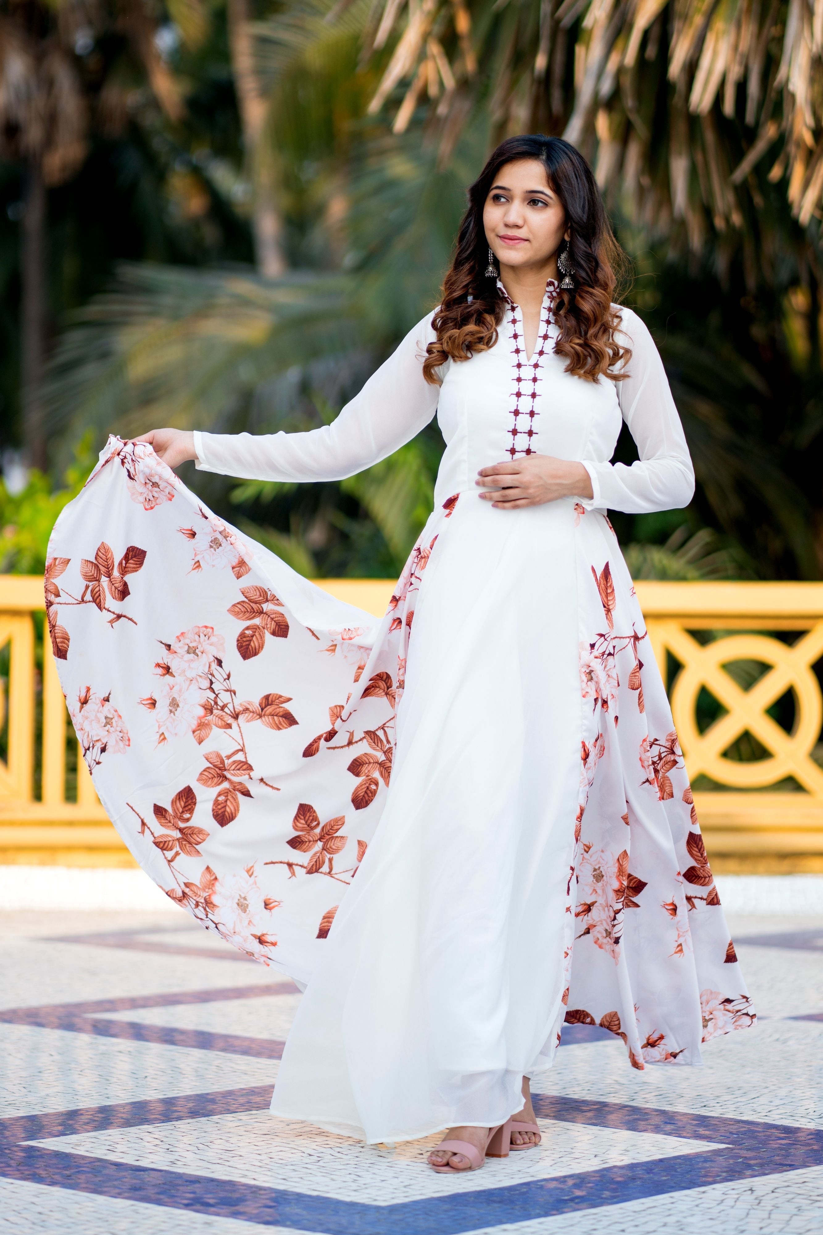 Women White Floral Printed Maxi Dress - Adiba Fashion