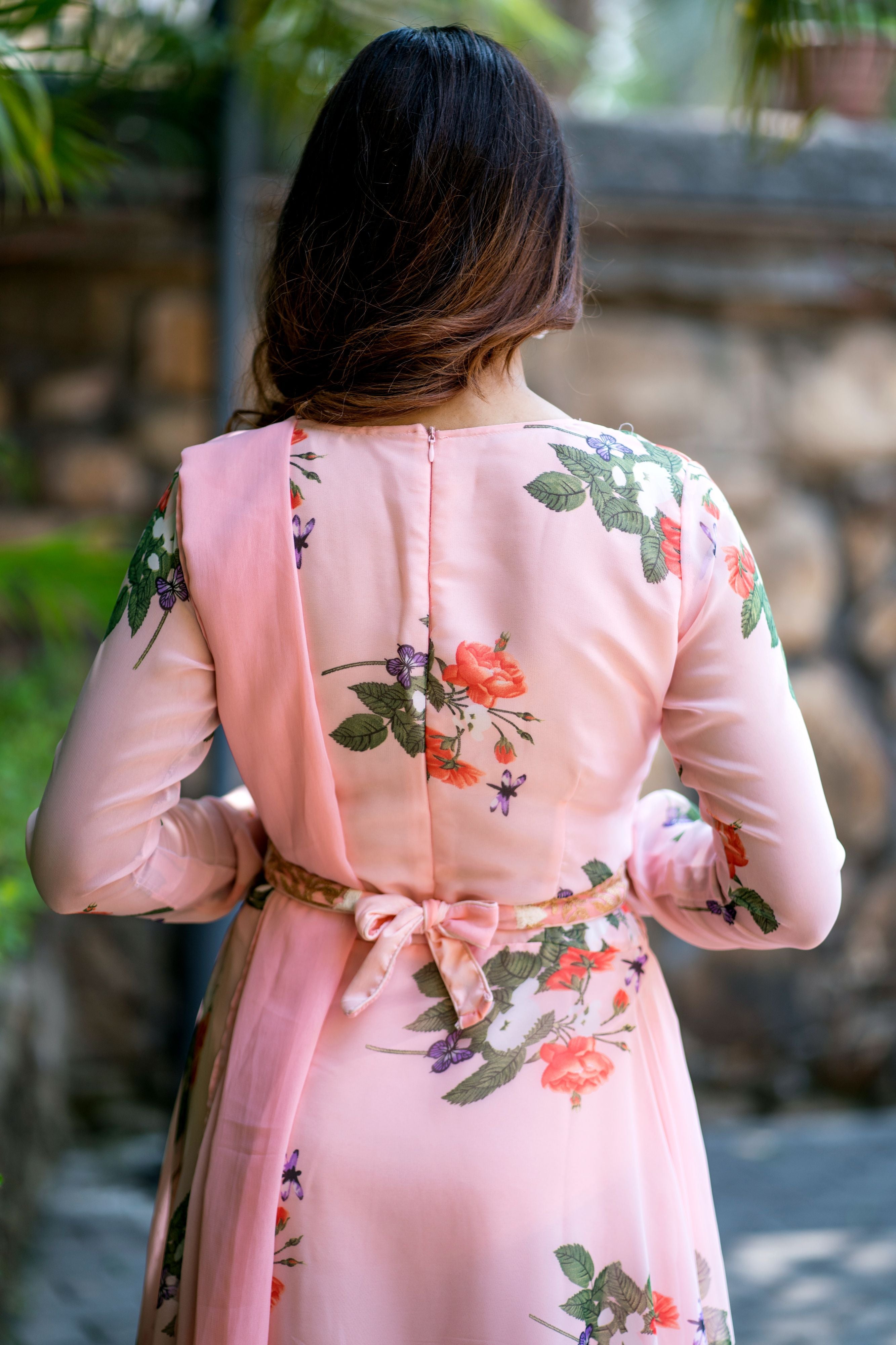 Women Peach Floral Printed Maxi Dress With Dupatta - Adiba Fashion