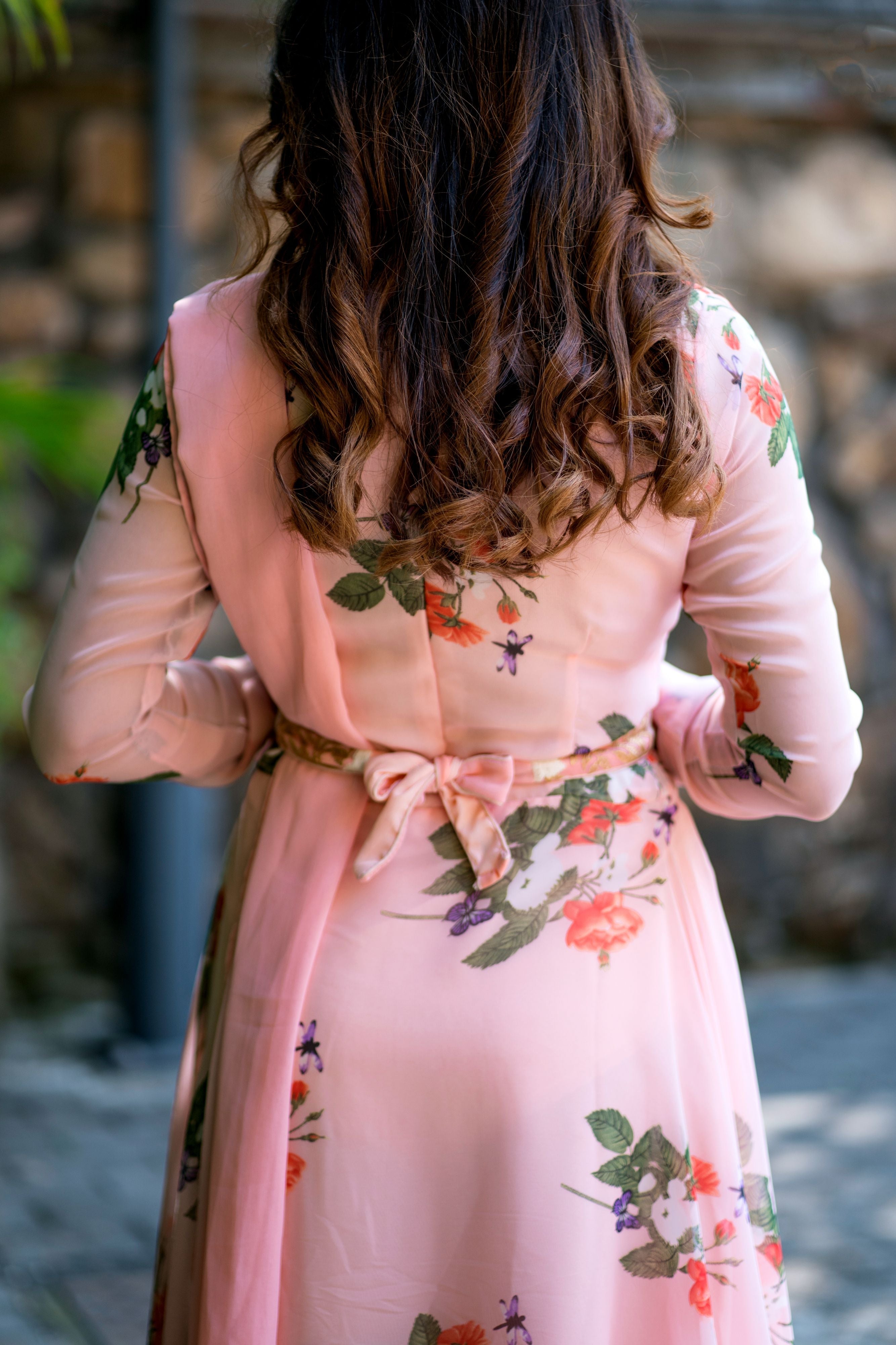 Women Peach Floral Printed Maxi Dress With Dupatta - Adiba Fashion
