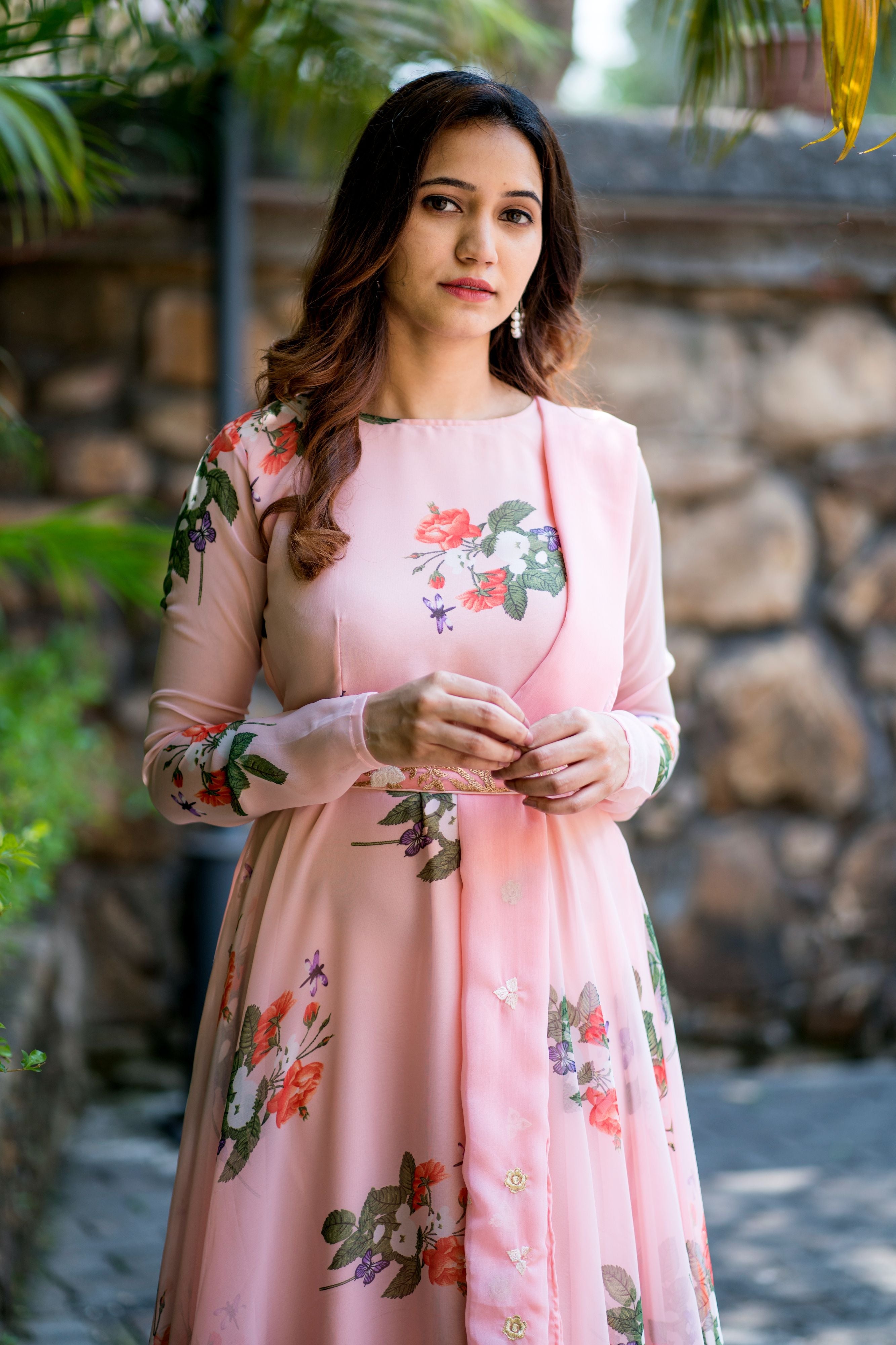 Women Peach Floral Printed Maxi Dress With Dupatta - Adiba Fashion