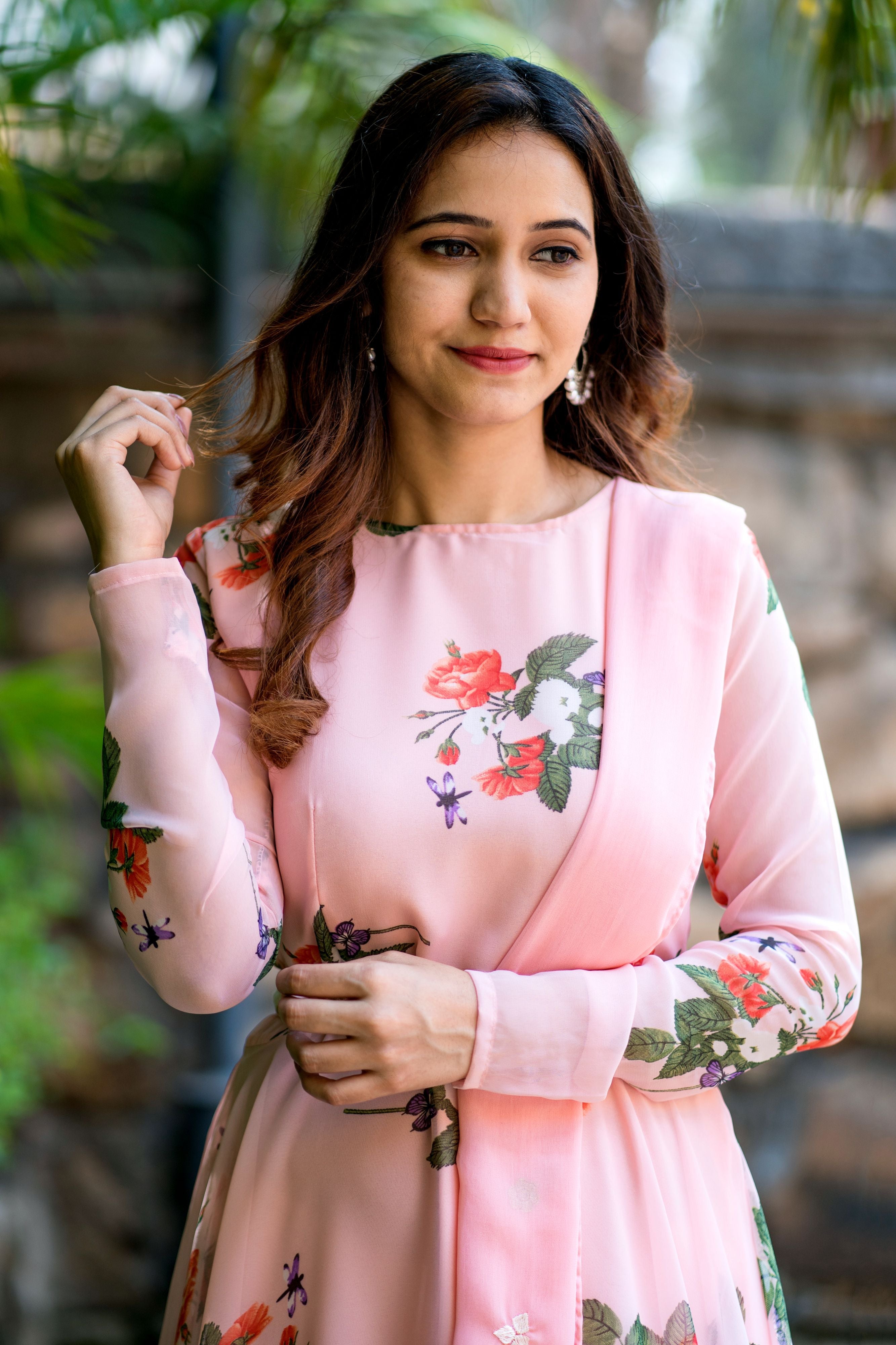 Women Peach Floral Printed Maxi Dress With Dupatta - Adiba Fashion