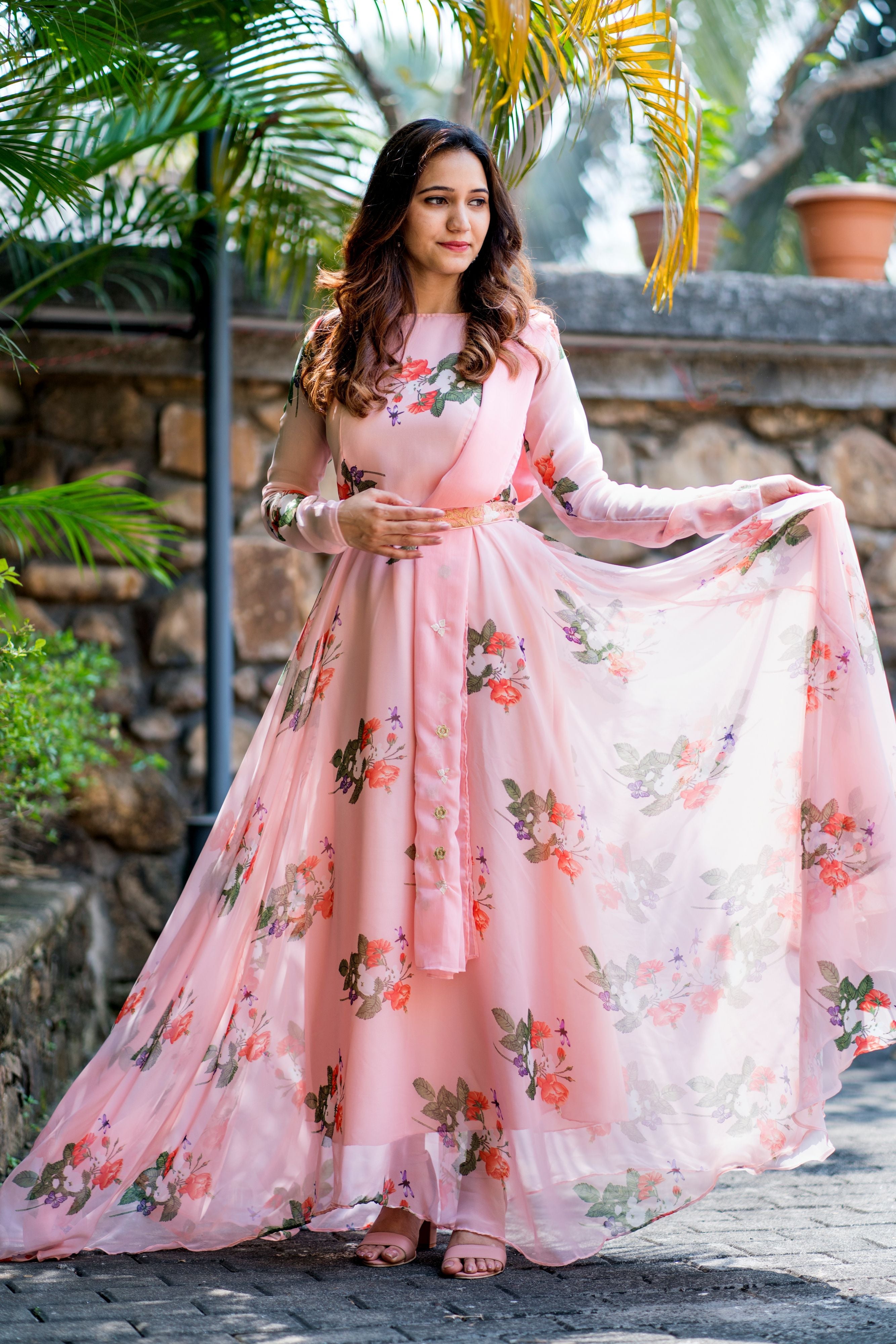 Women Peach Floral Printed Maxi Dress With Dupatta - Adiba Fashion