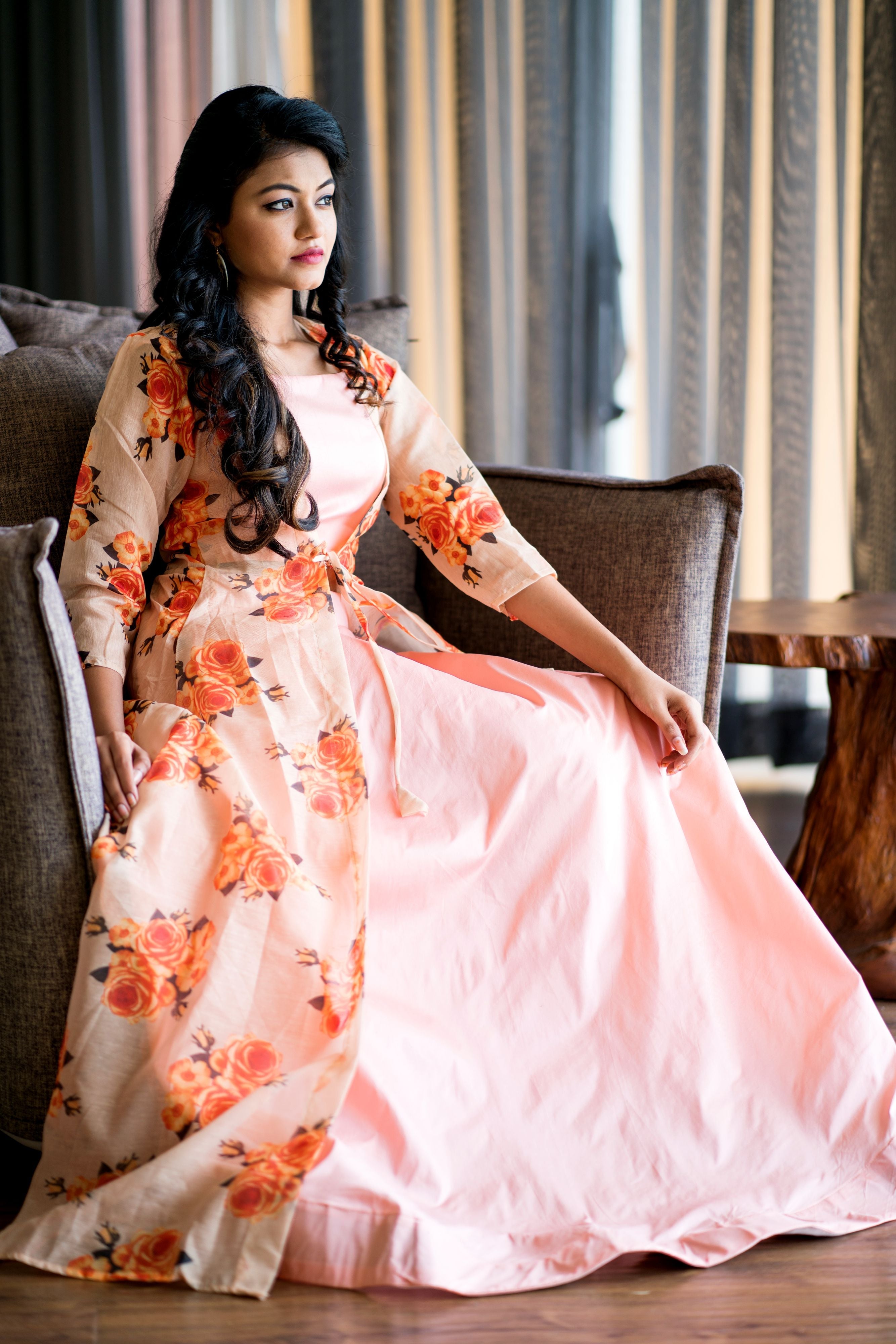 Women Peach Crop Top Lehenga With Floral Printed Shrug- Adiba Fashion
