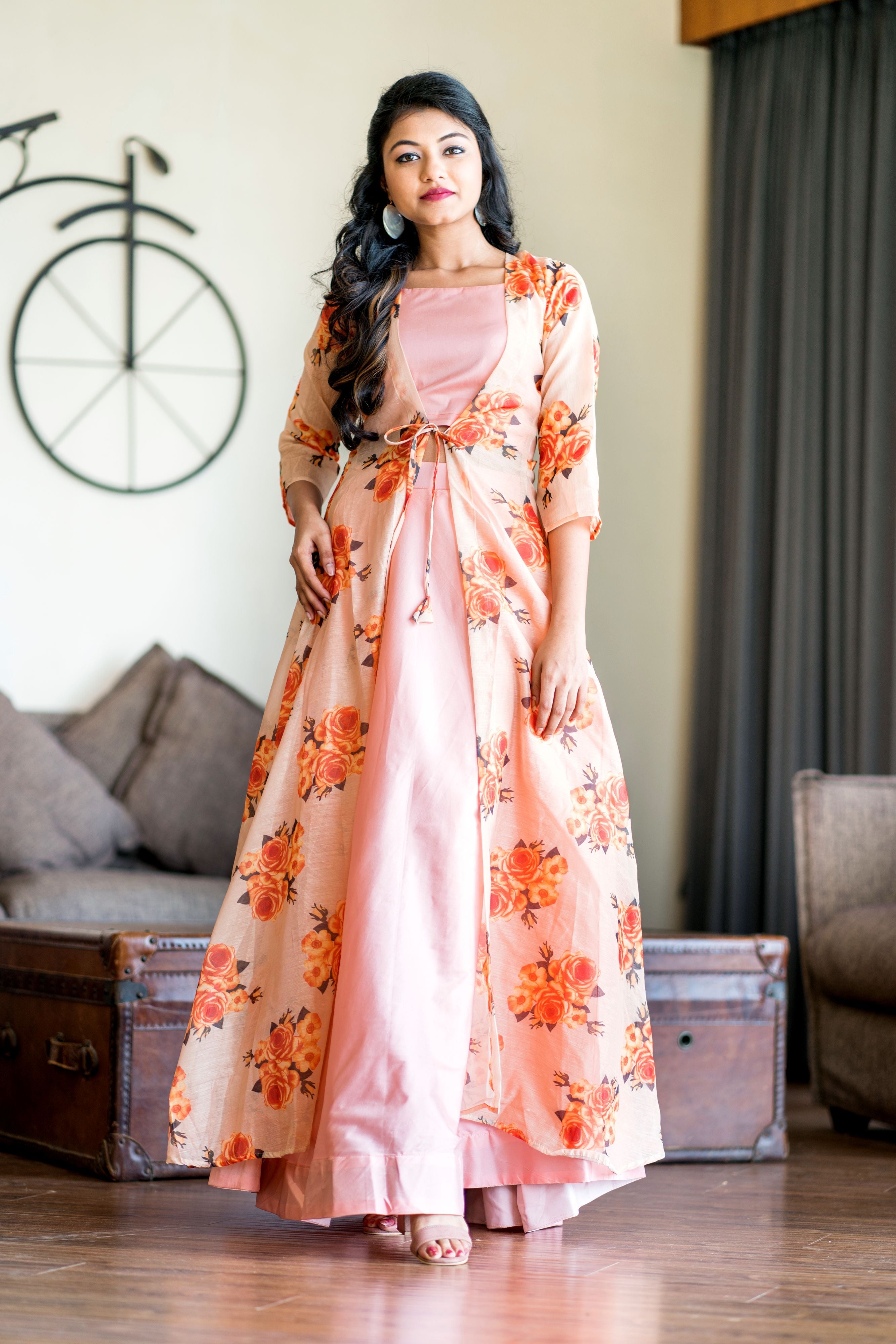 Women Peach Crop Top Lehenga With Floral Printed Shrug- Adiba Fashion