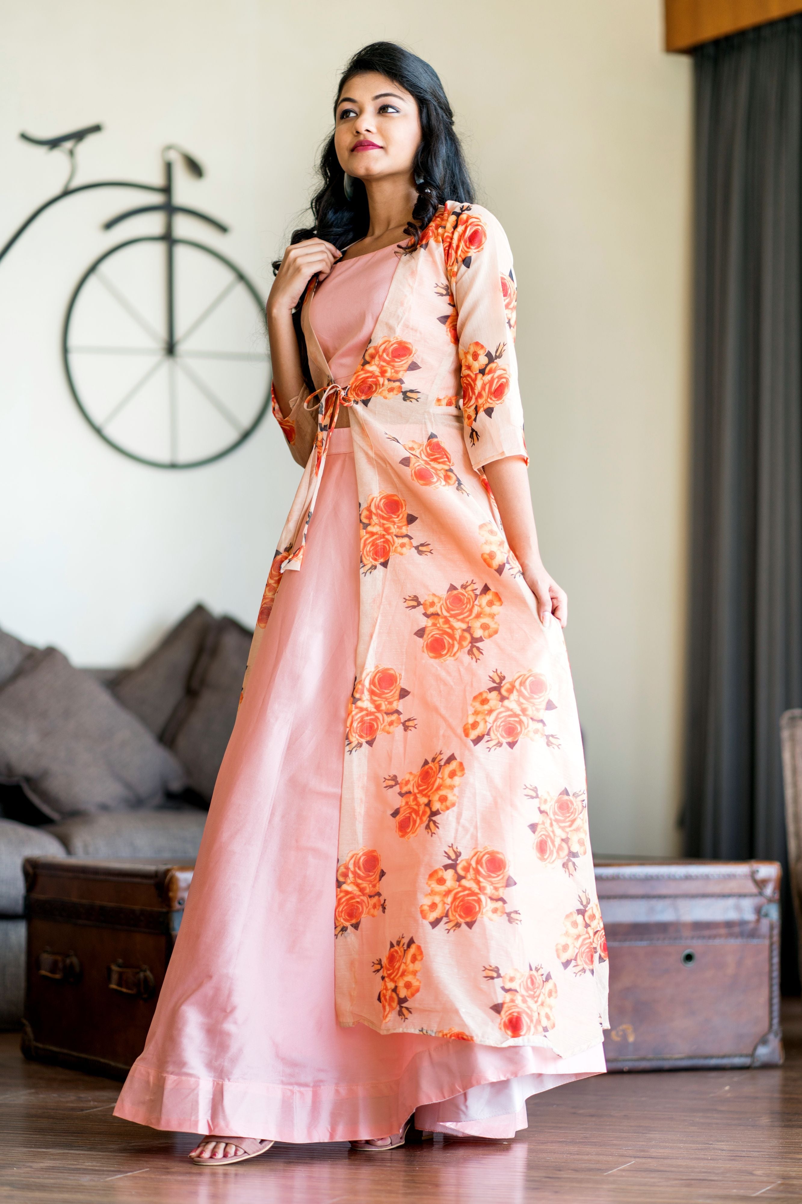 Women Peach Crop Top Lehenga With Floral Printed Shrug- Adiba Fashion