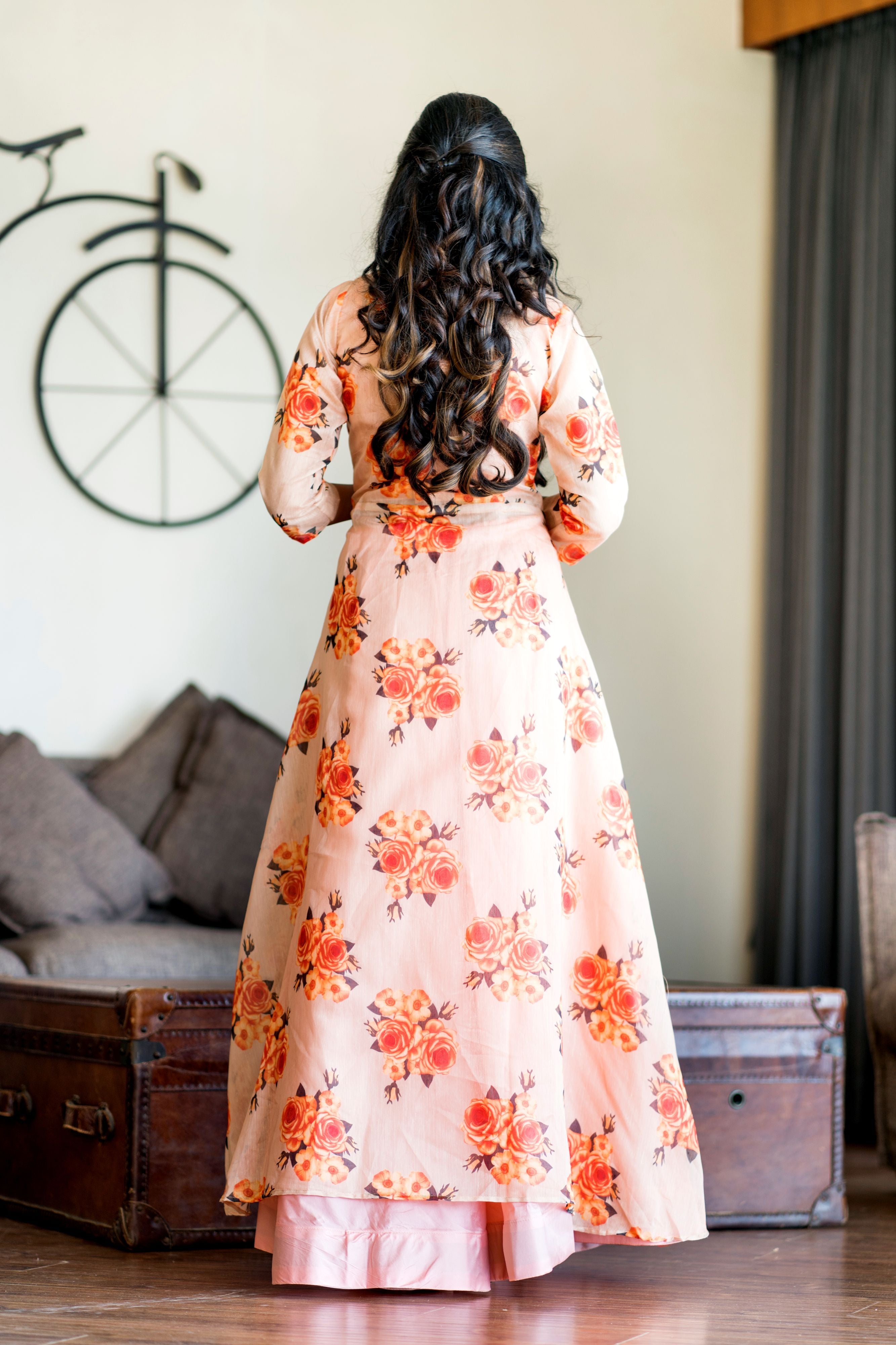 Women Peach Crop Top Lehenga With Floral Printed Shrug- Adiba Fashion