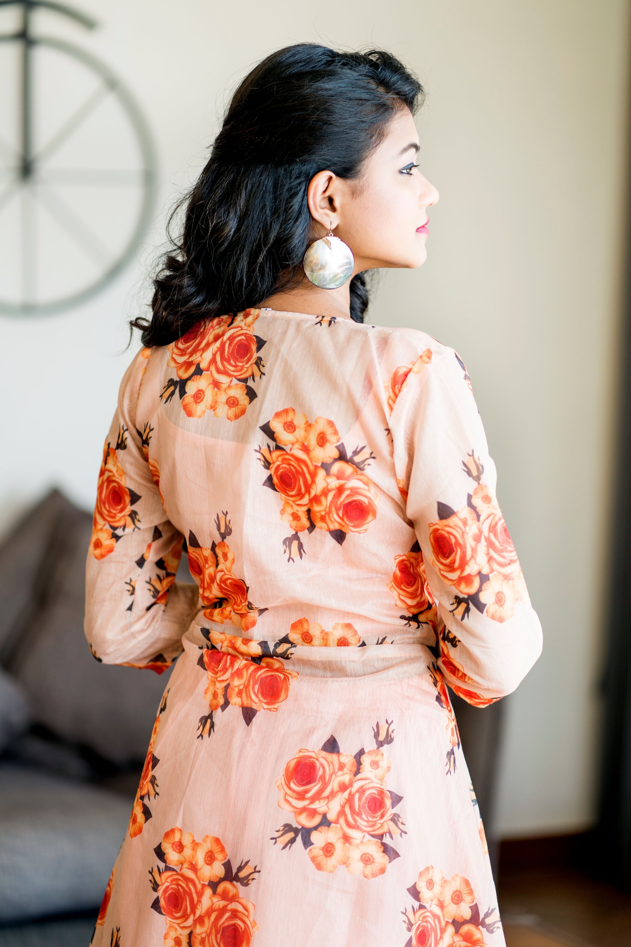 Women Peach Crop Top Lehenga With Floral Printed Shrug- Adiba Fashion