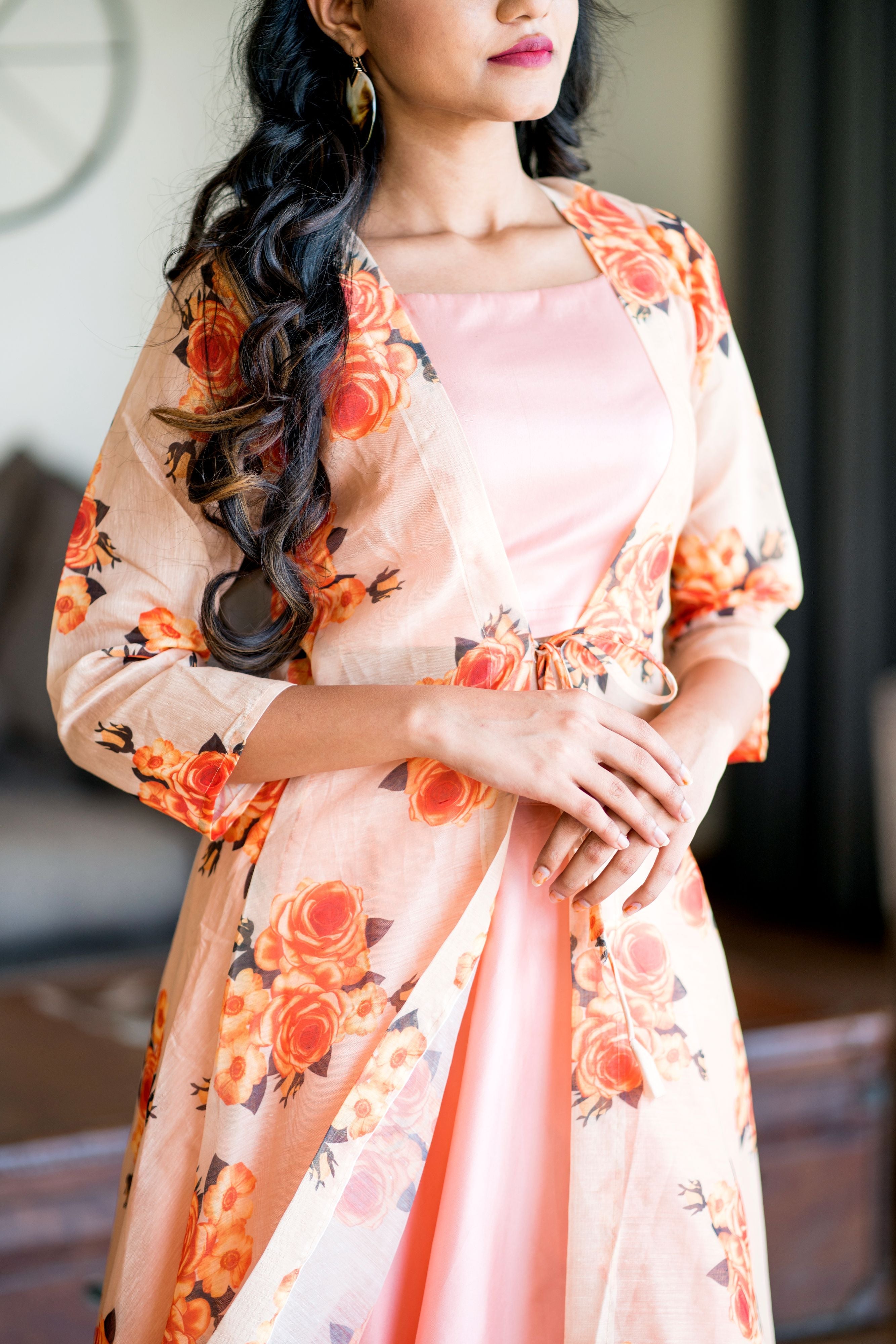 Women Peach Crop Top Lehenga With Floral Printed Shrug- Adiba Fashion